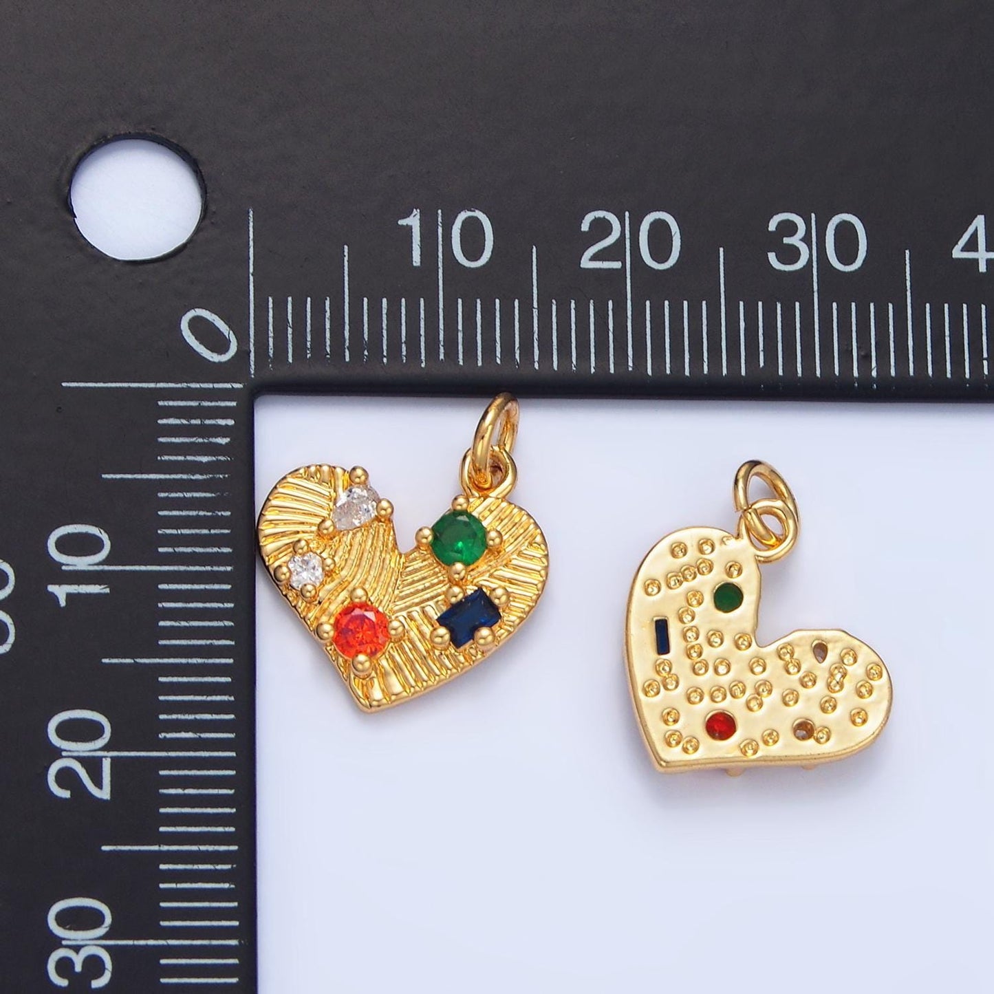 Multicolor cz line textured heart 24k gold filled charm | x-819