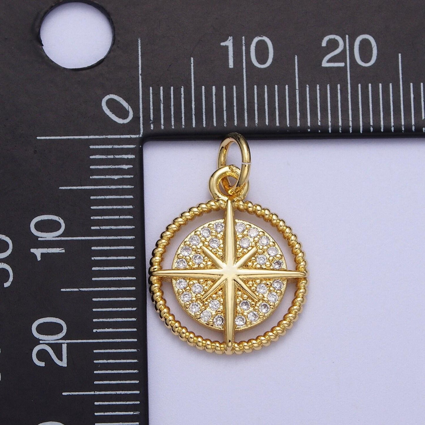 Gold north star compass pendant, 24k gold plated croissant twist edge micro paved clear cz north star compass medallion charm | x-730