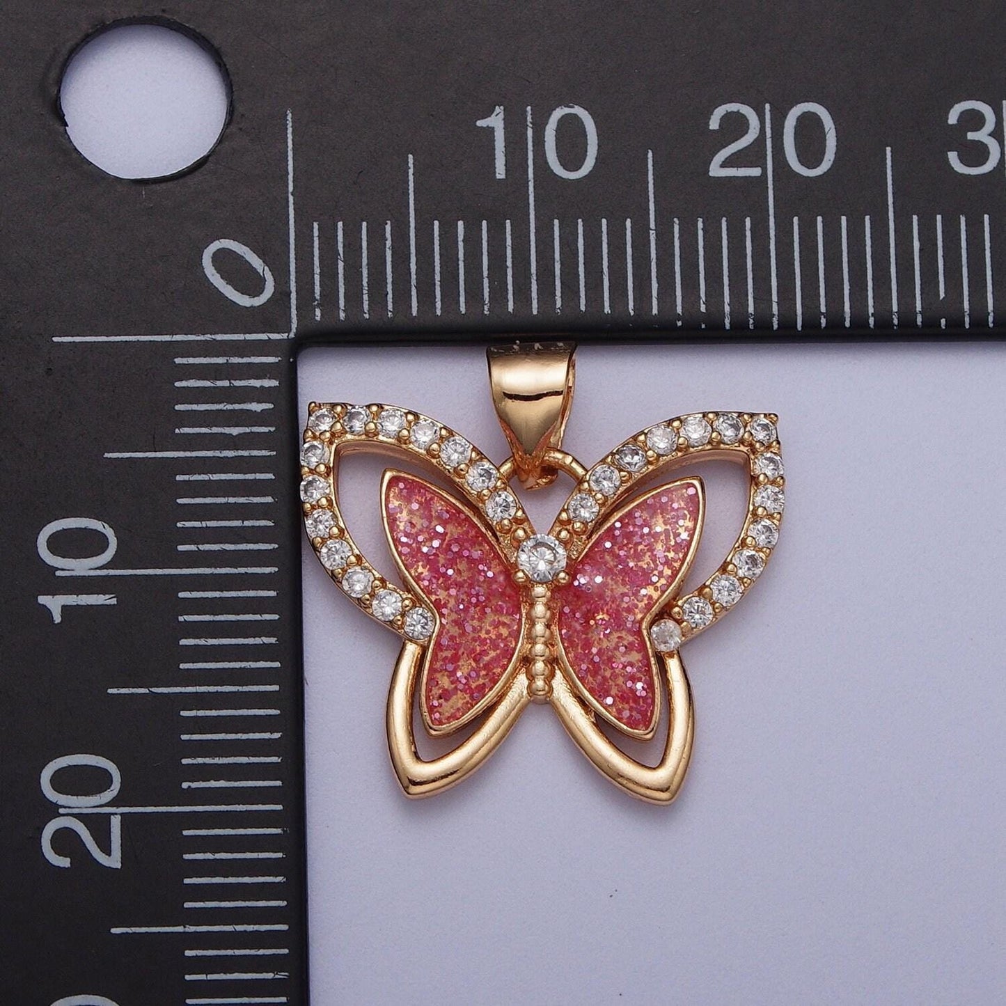 Gold grapefruit pink butterfly pendant, 18k gold plated clear micro paved cz sparkly pink butterflies mariposa charm | x-683