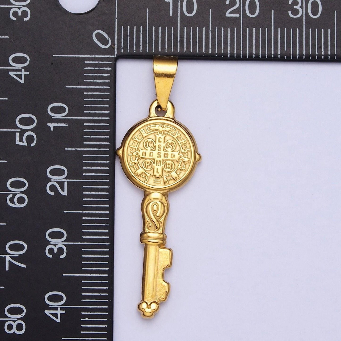 Gold st. benedict key pendant, 24k gold filled embossed san benito simple key charm | x-647