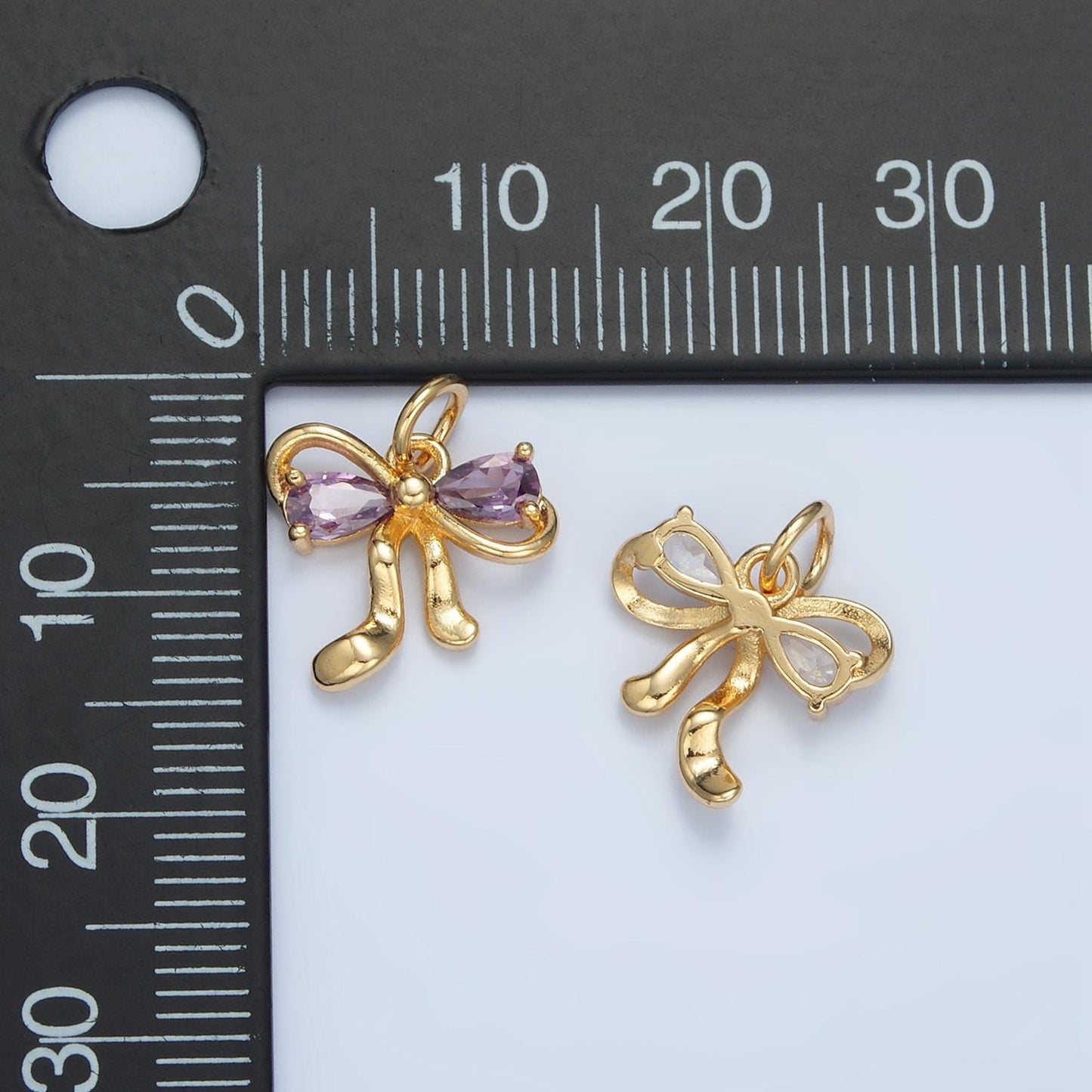 Clear, purple, peach and pink cz double loop mini ribbon bow gold filled charm | x-563
