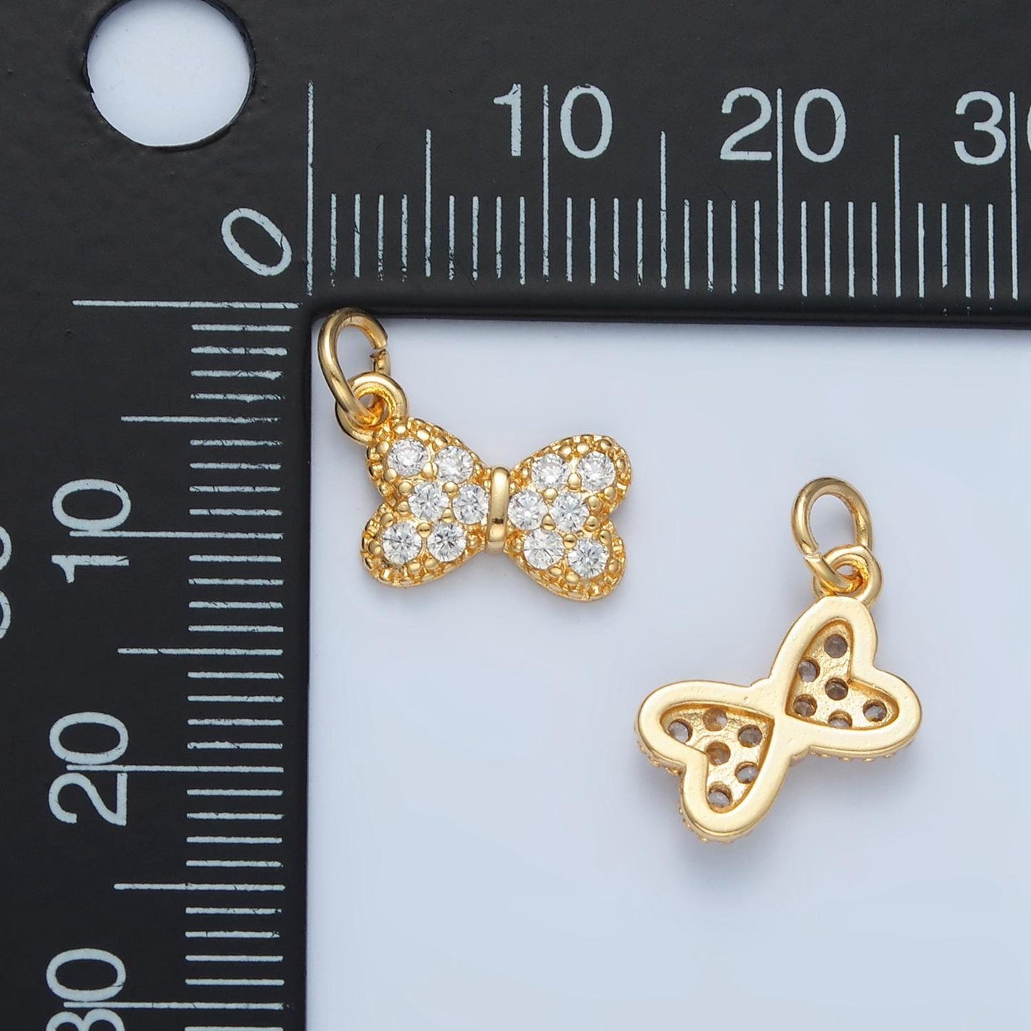 Tiny kids shaped bow, micro paved cz and gold filled ribbon charm | x-509