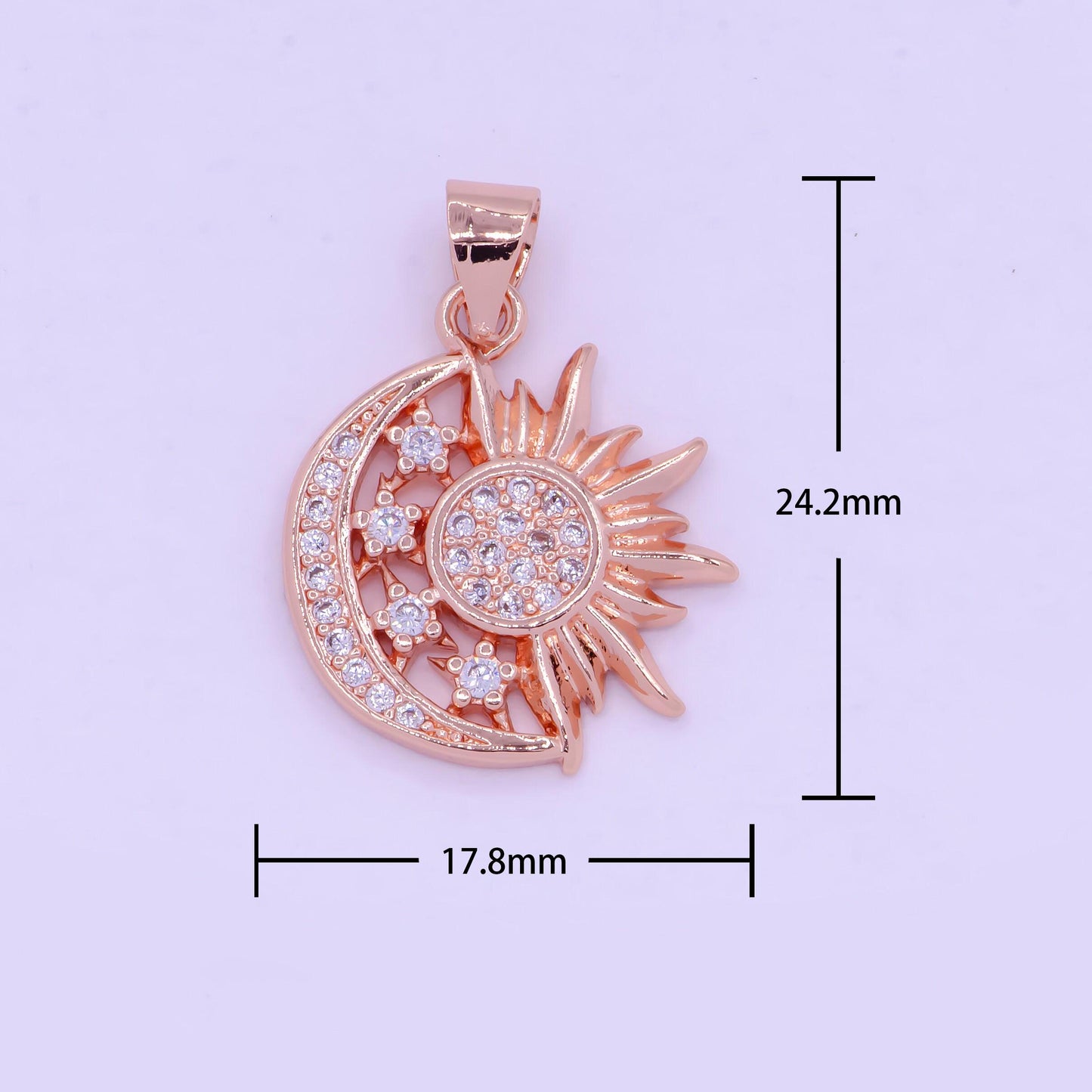Sun, moon, and stars pendant, 24k gold filled and deep rose gold micro pave cz celestial sunshine crescent moon charm | i-912, x-457