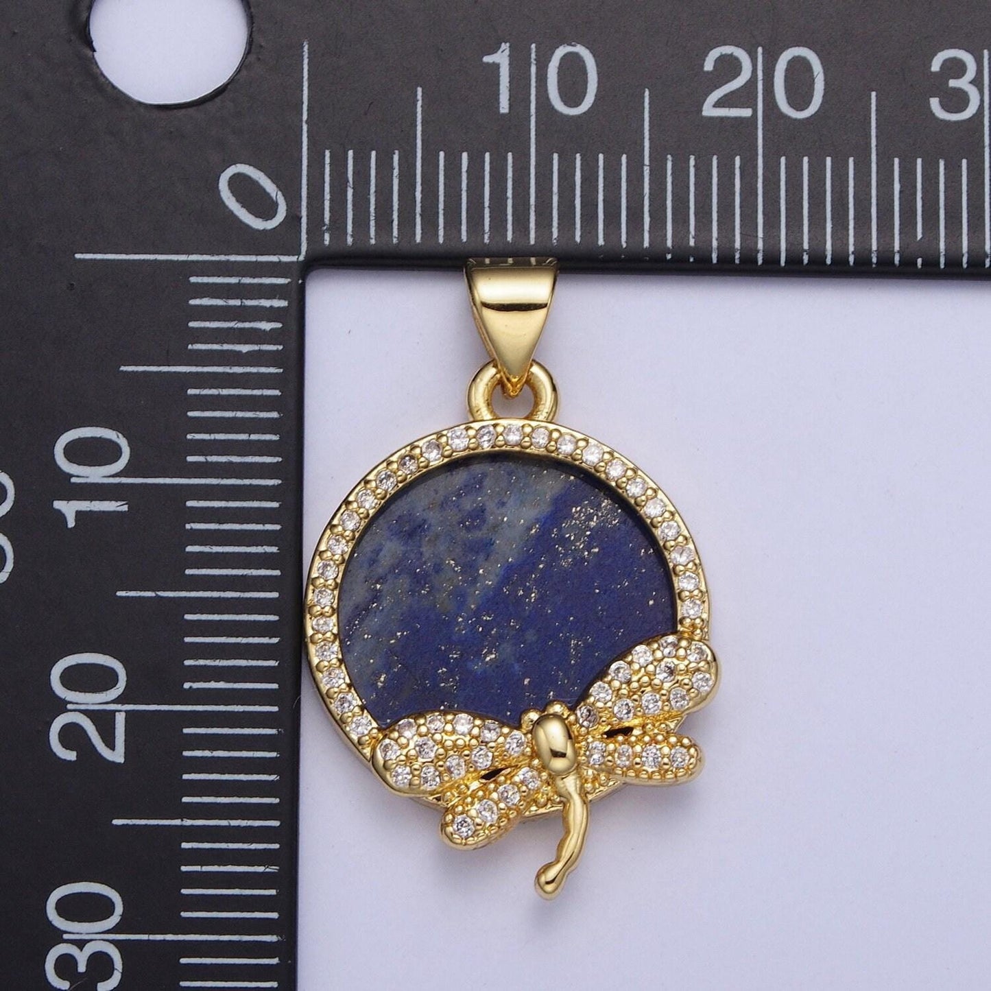 Gold blue lapiz dragonfly coin medallion pendant, 24k gold filled round micro pave cz dragon fly insect charm for jewelry | x-432