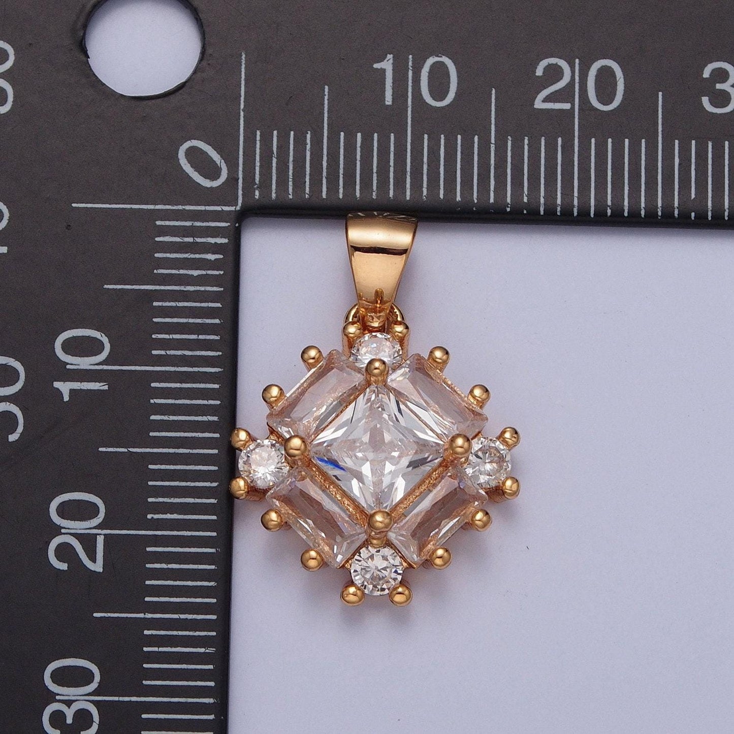 18k gold diamond shaped micro pave cz and baguette stones pendant, dainty micro pave beaded charm for necklace bracelet earring | x-376