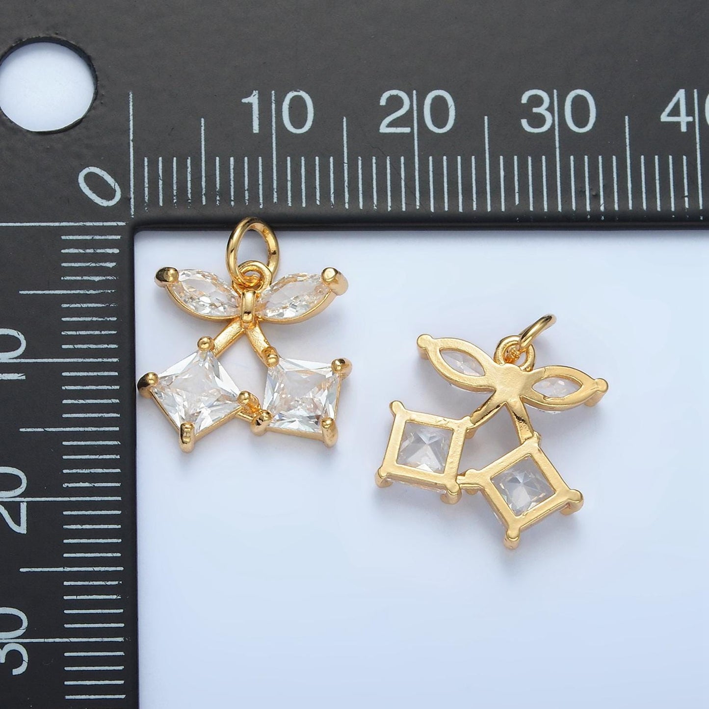 Double stem square cz cherries gold filled fruit charm | x-152