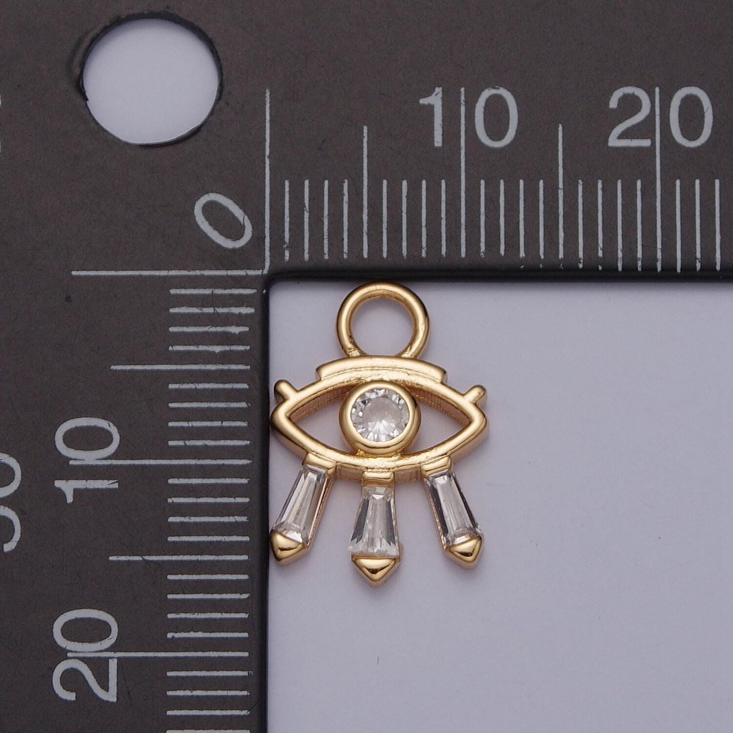 24k gold micro pave cubic zirconia evil eye charm, baguette stone eyelashes, gold plated tiny pendant diy small amulet piece | x-129