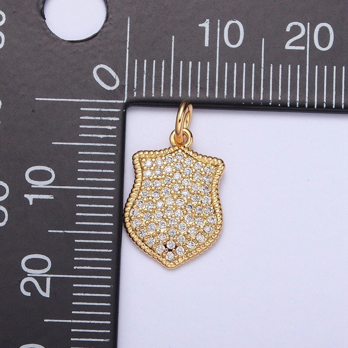 24k gold cz micro pave police badge-shapedtag charm, gold plated cubic zirconia pave tag pendant | x-116