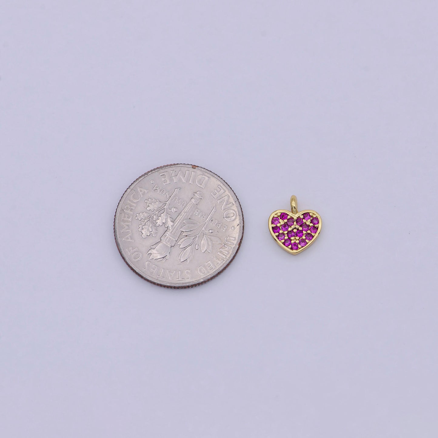 Mini pink heart charm in 14k gold filled fuschia cz stone w-168