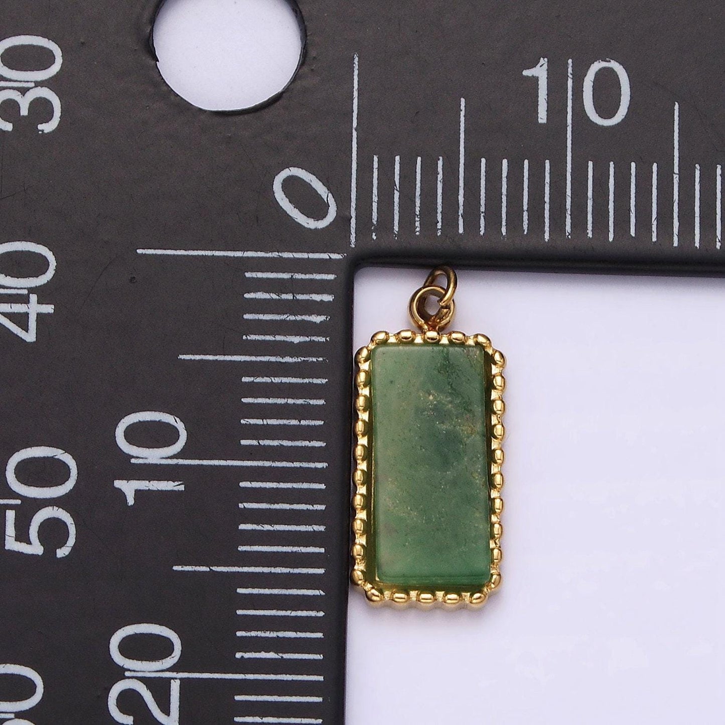 Stainless steel green aventurine dotted bezel rectangular tag charm in gold & silver | p1299