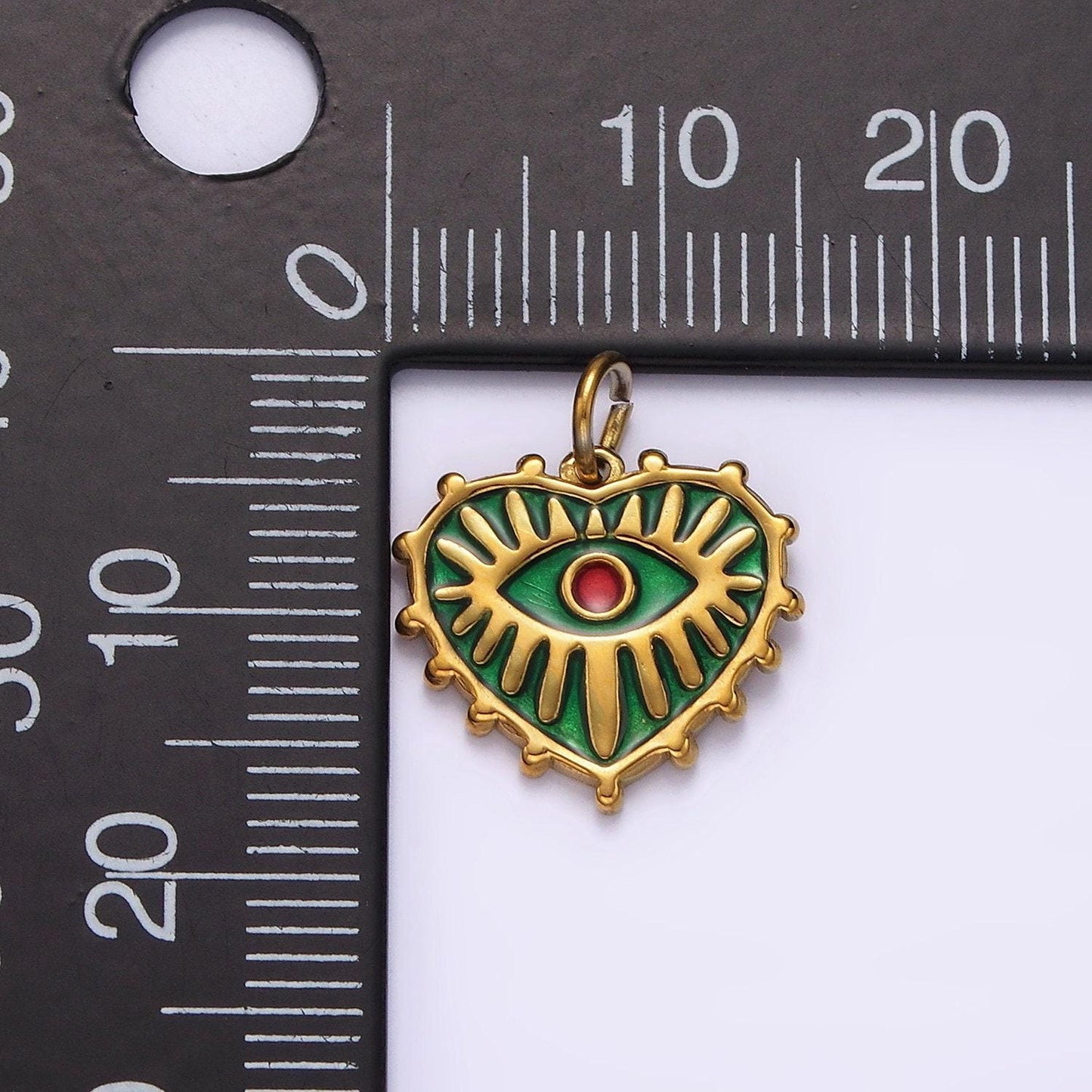 Stainless steel red evil eye splatter heart dotted outline charm in gold & silver | p1277