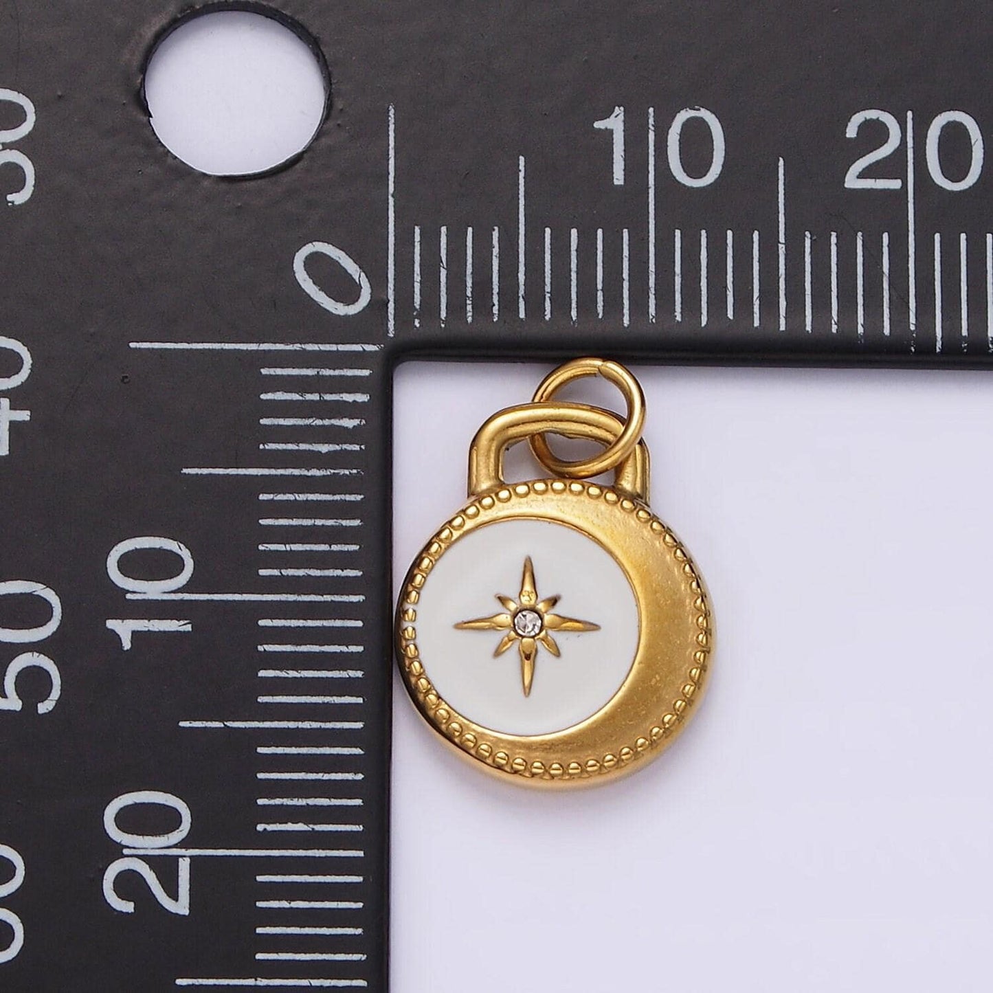 Stainless steel celestial crescent moon star cz white enamel round charm in gold & silver | p1260