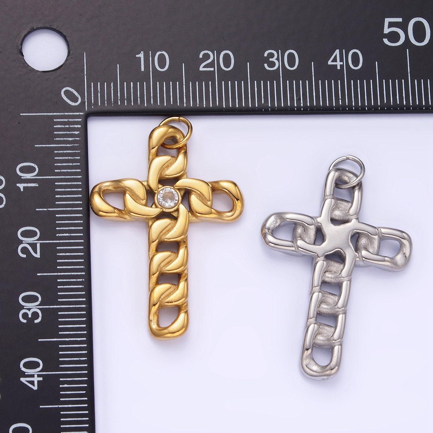 Stainless steel chain textured cz cuban cross, cholo fit | p-965