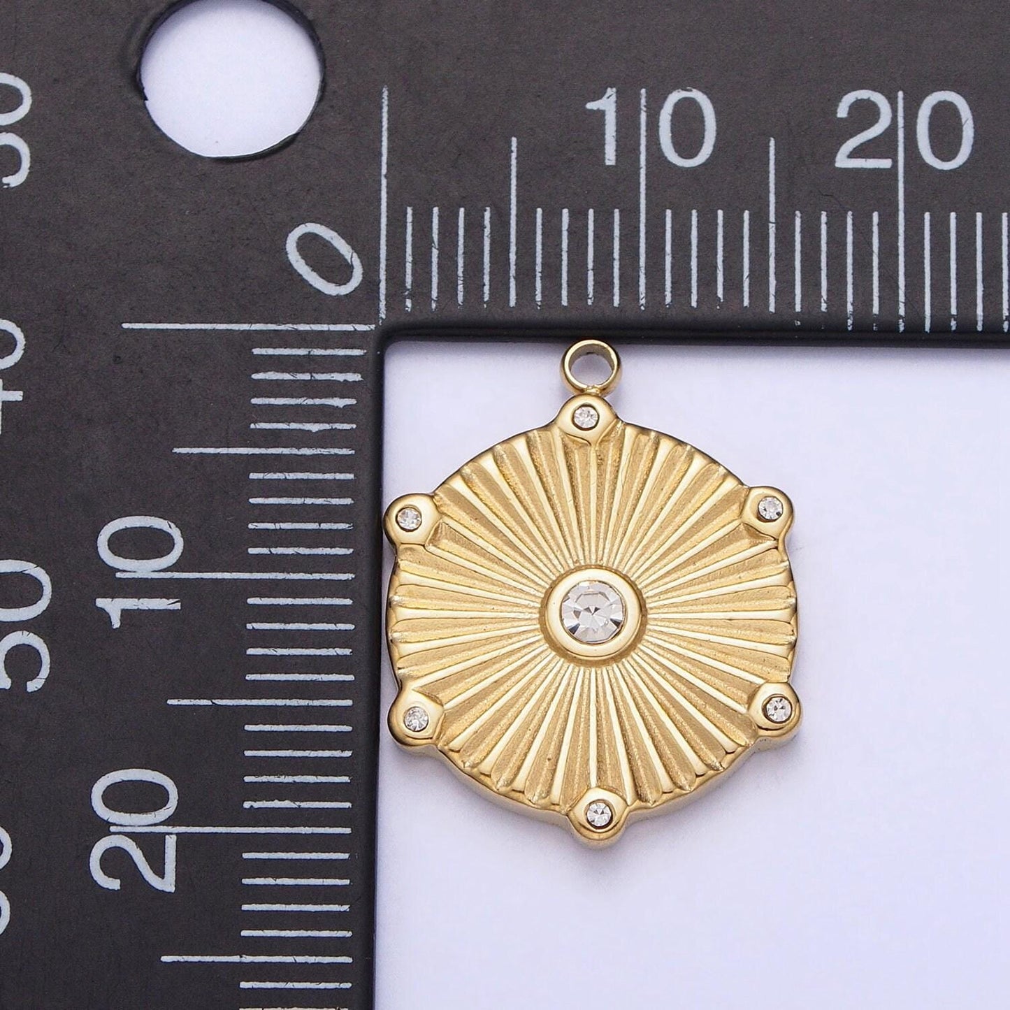 Dainty cz stainless steel sunburst charm in gold & silver medallion sun circle pendant lead nickel free tarnish free | p-886