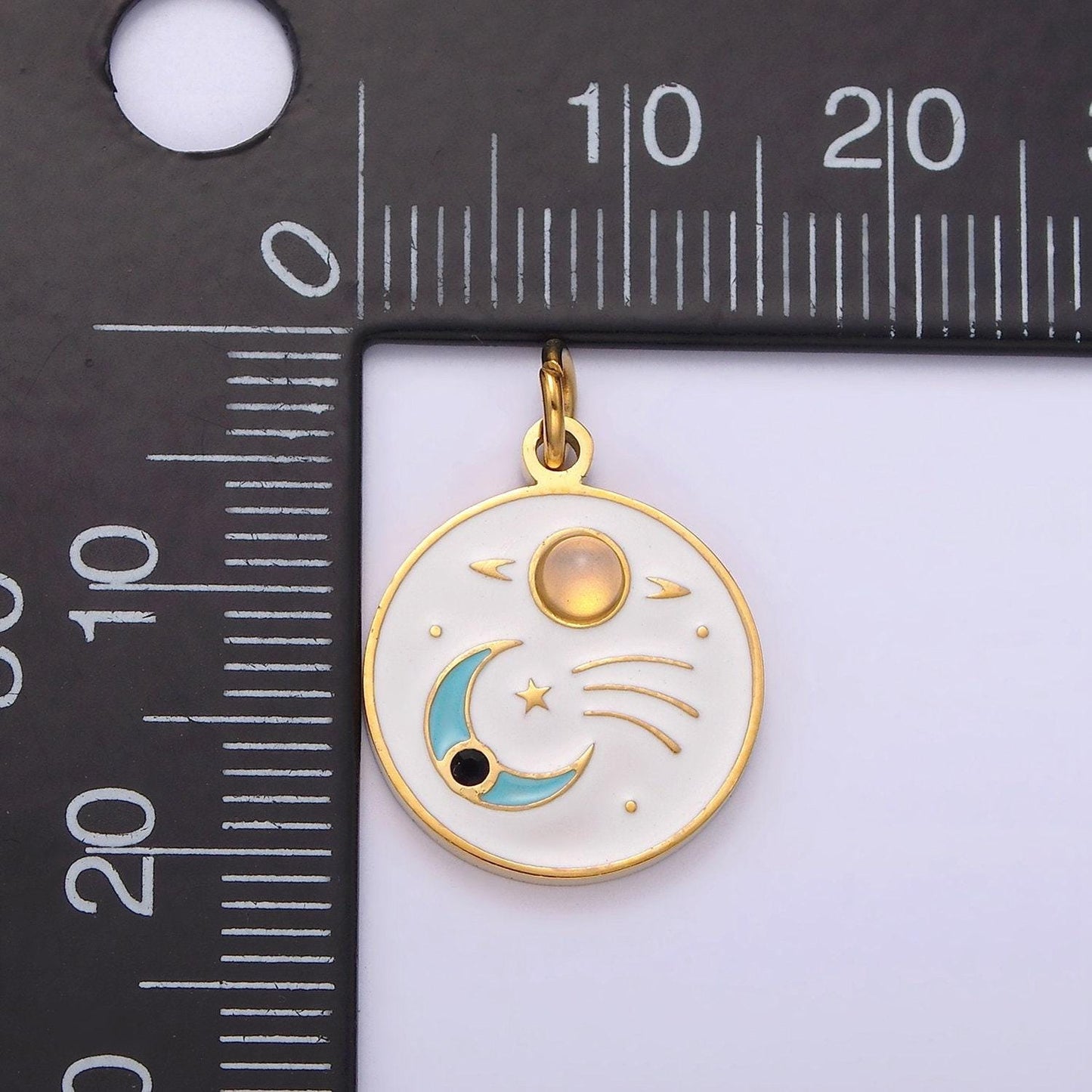 Gold stainless steel coin crescent moon charm dainty teal white enamel charm p-634