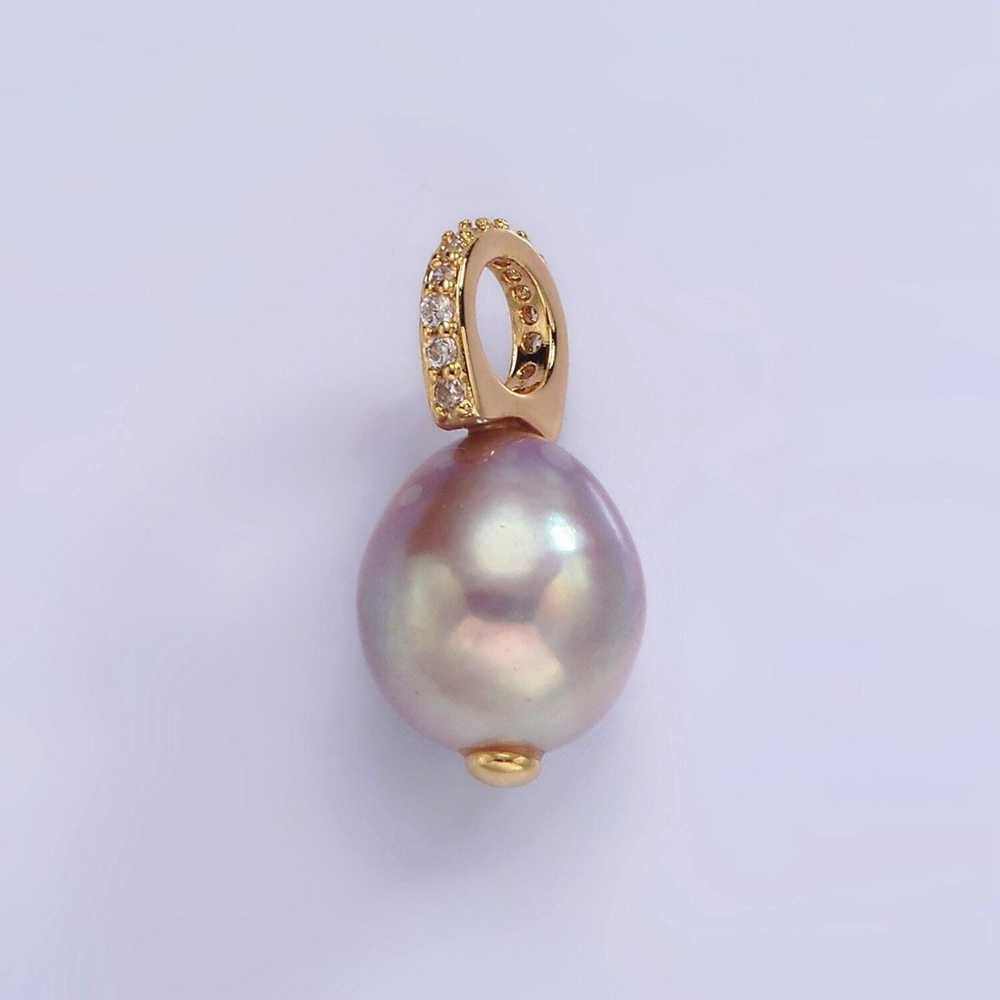 14k gold filled 19.5mm pink, purple pearl button drop micro paved cz pendant | p1643