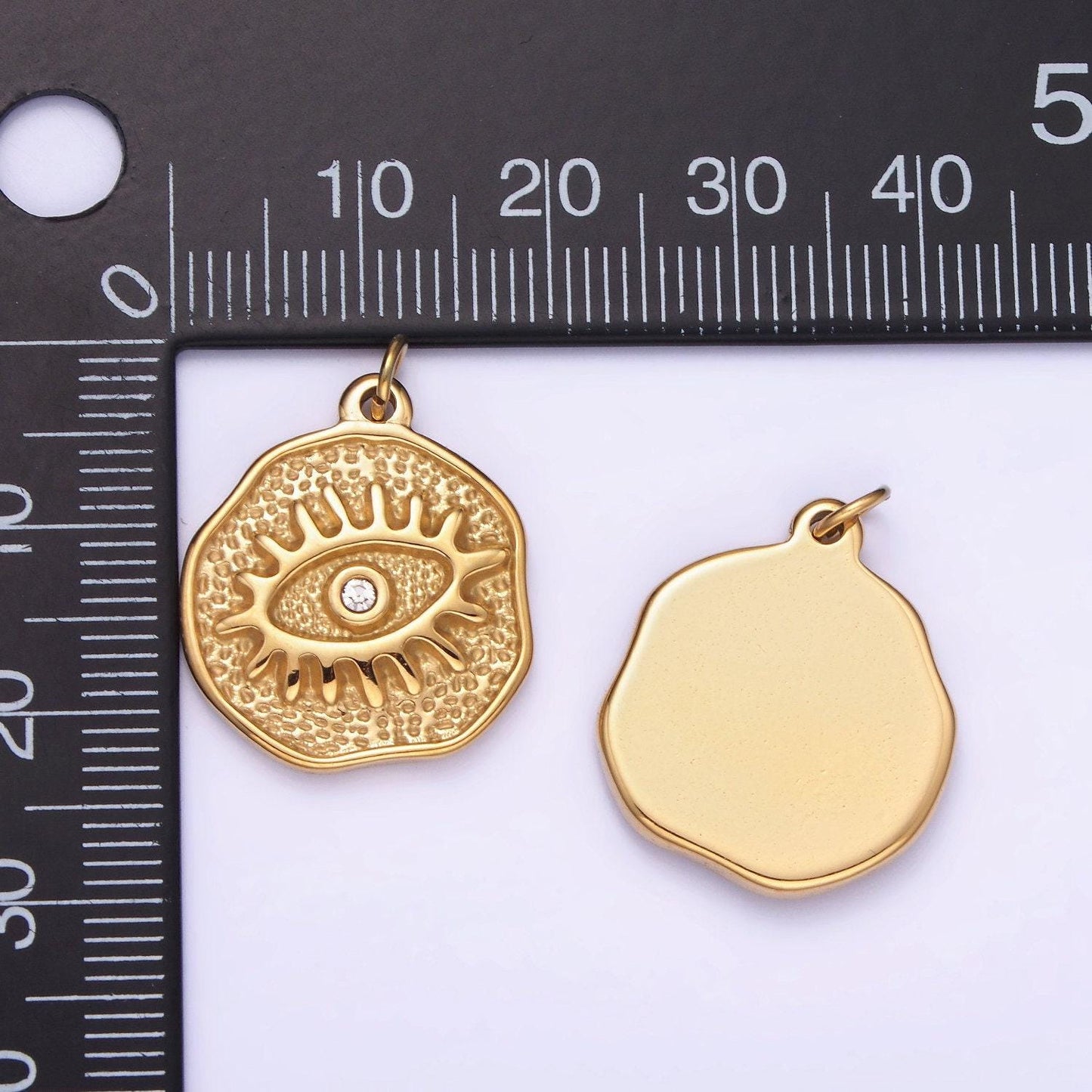 Dainty gold stainless steel evil eye charm round coin pendant | p-1401