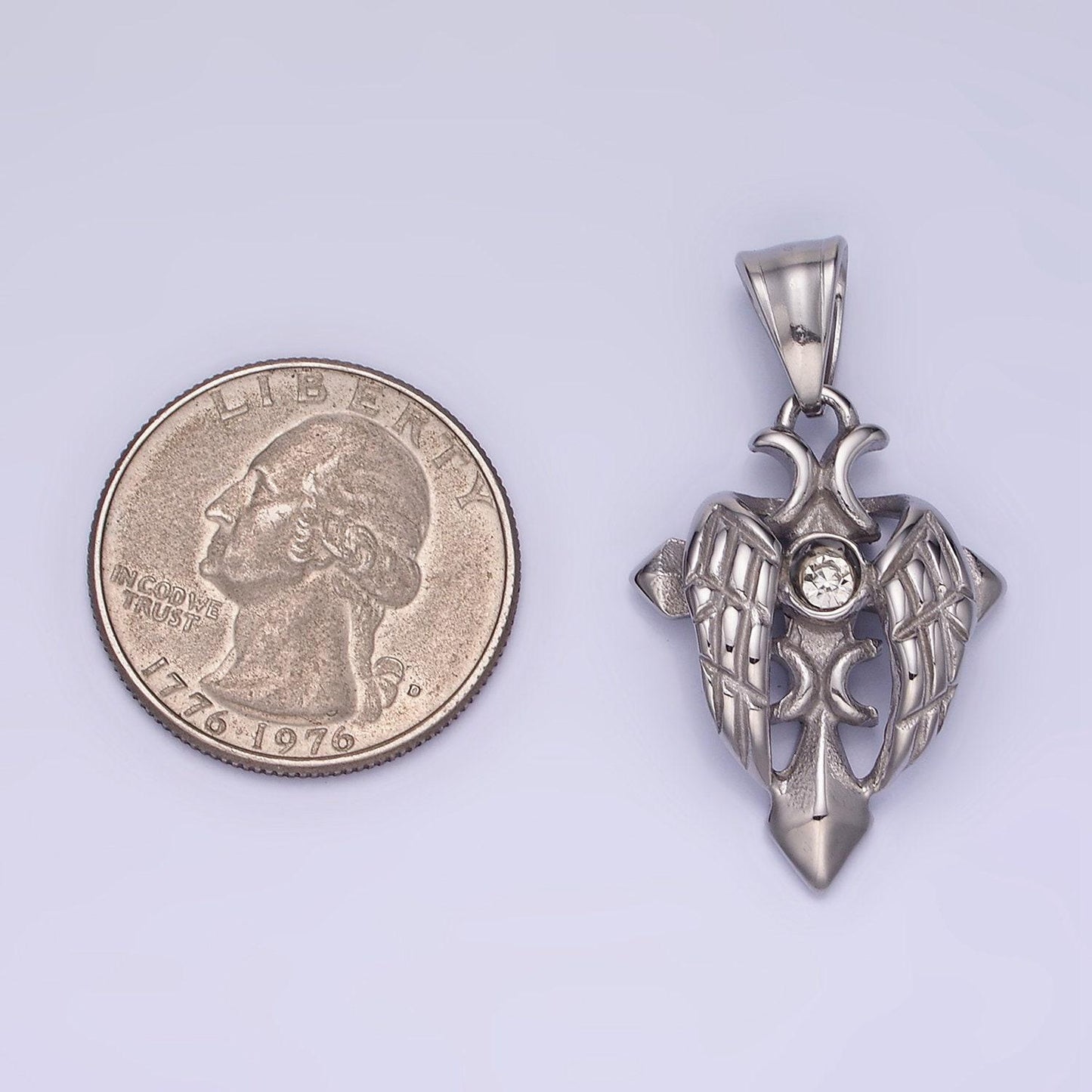 Stainless steel 37mm gothic silver cross crown feather wings pendant | p1389