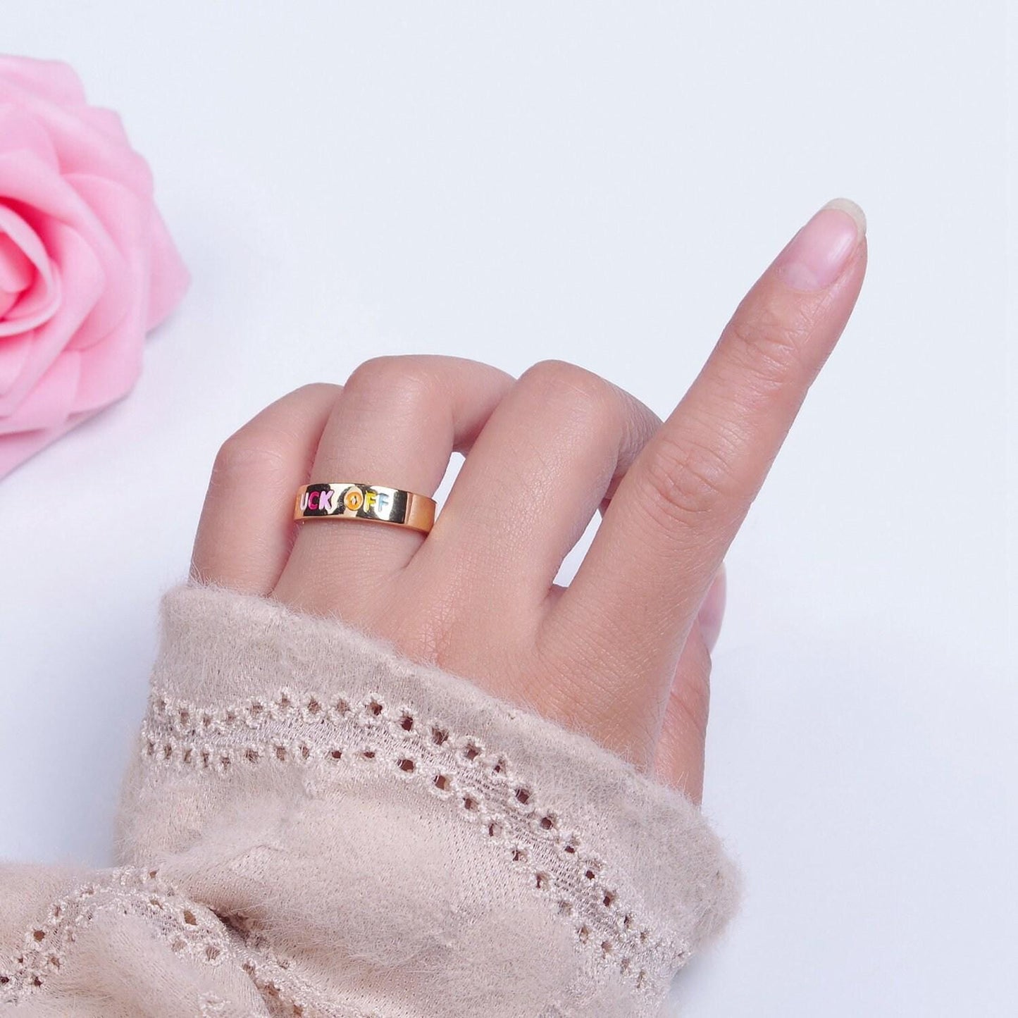 Trend fuck off gold ring adjustable gold y2k ring, statement word ring, dainty open cuff circle ring