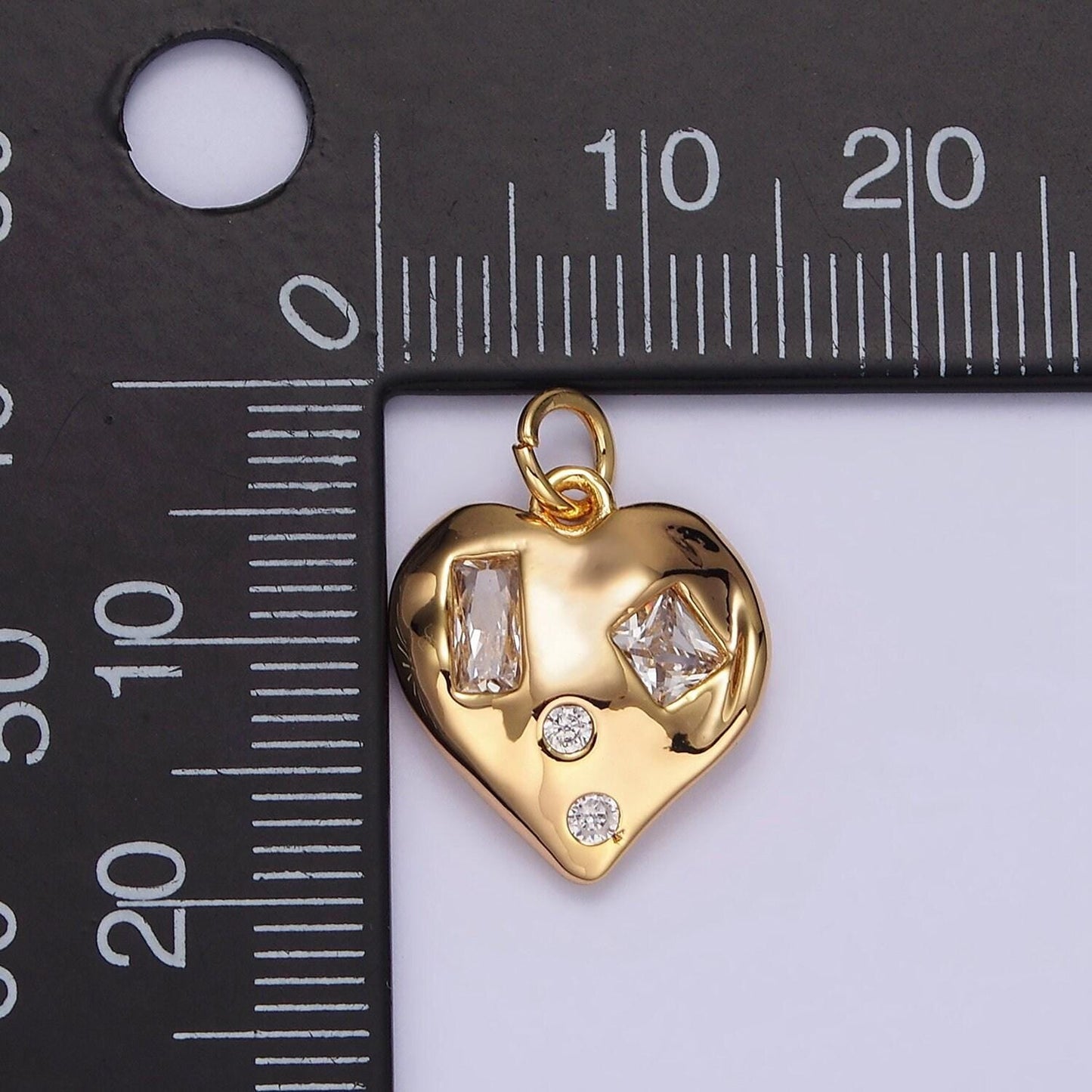16k gold filled clear baguette dotted cz hammered abstract heart charm | n1010