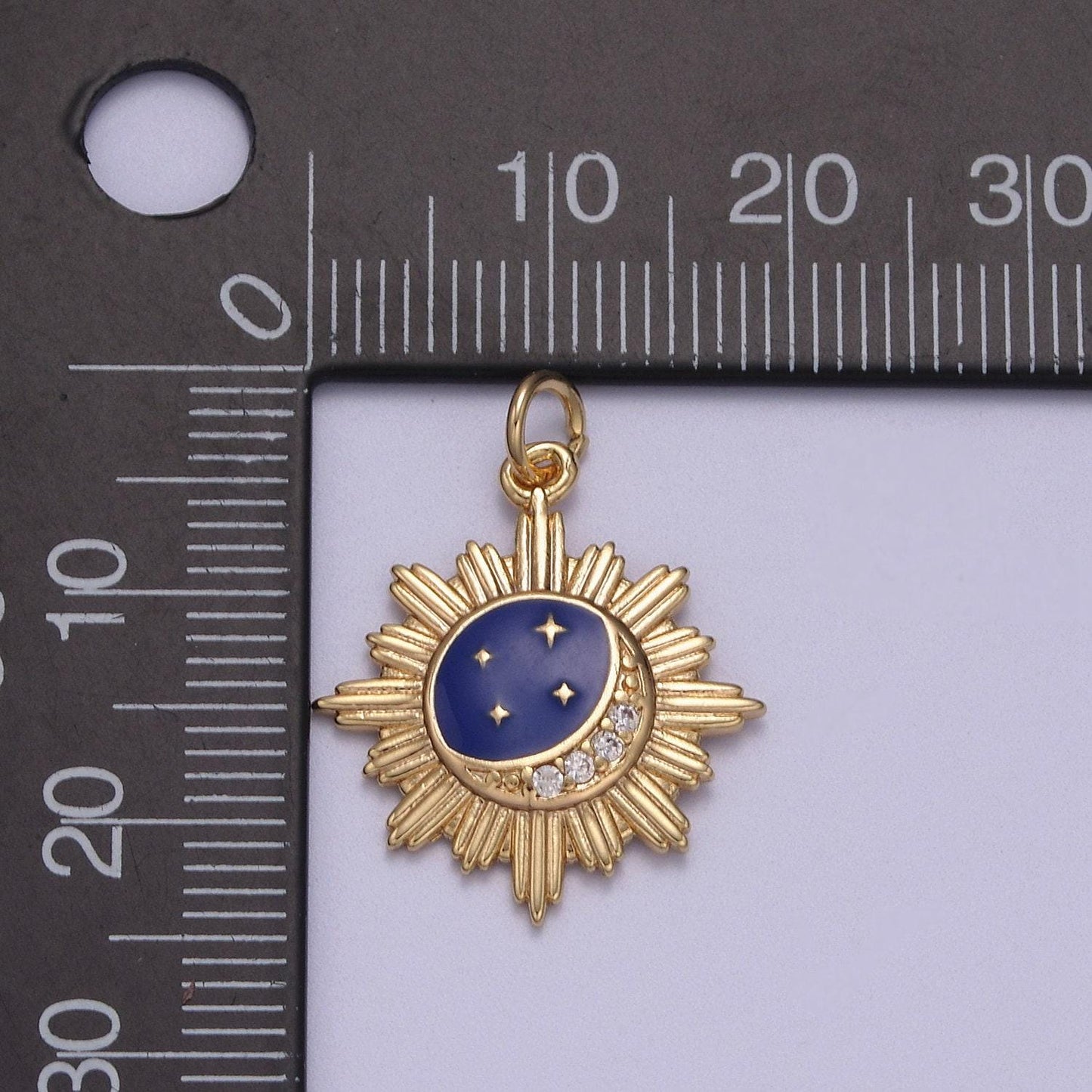 Dainty sunburst crescent moon stars medallion w/ micro cz paved blue enamel sky | diy charm piece for necklace bracelet earring | n-919