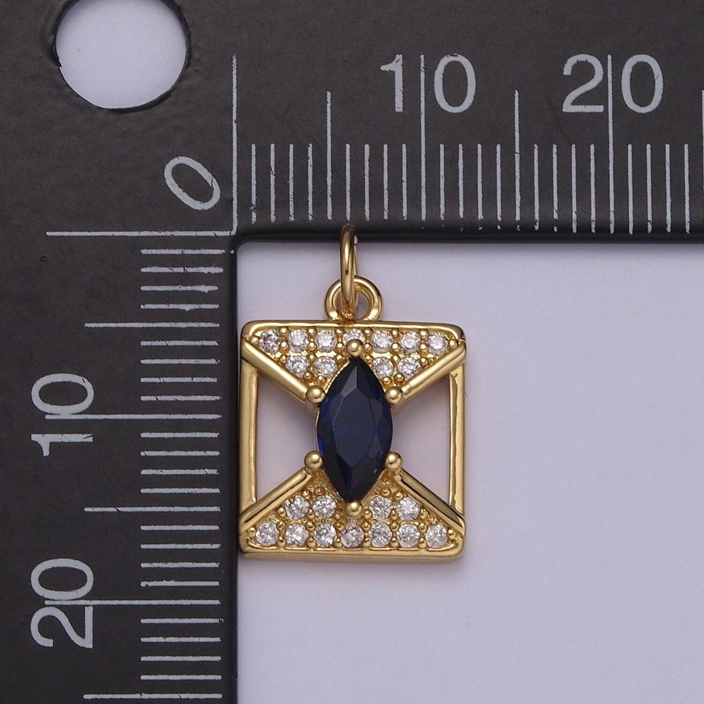 Dainty square cz paved blue gem centerpiece pendant charm amulet gold filled geometric shaped with diagonals | n-876