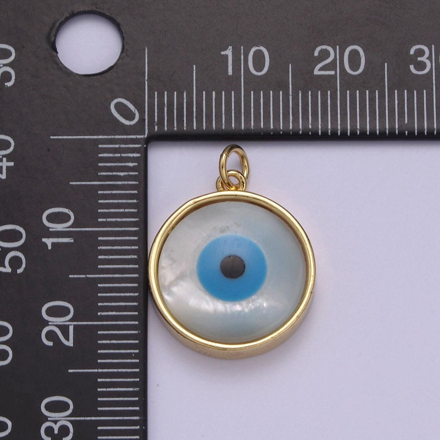 Small round evil eye pendant 14k gold filled rim with natural white shell | diy jewelry charm necklace bracelet | n-833