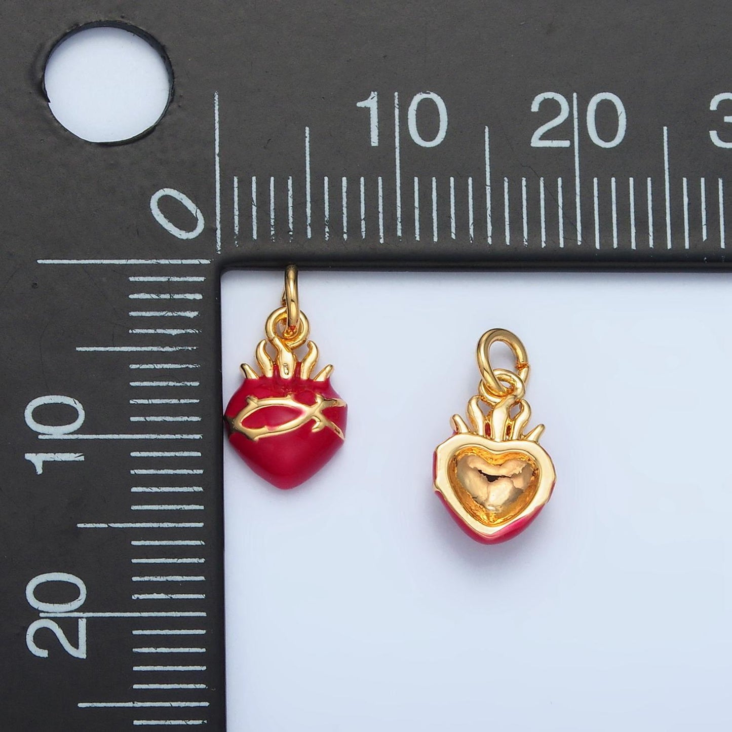 Mini red sacred heart charms 24k gold filled flame heart pendant religious charm bracelet necklace for diy jewelry making supply n699