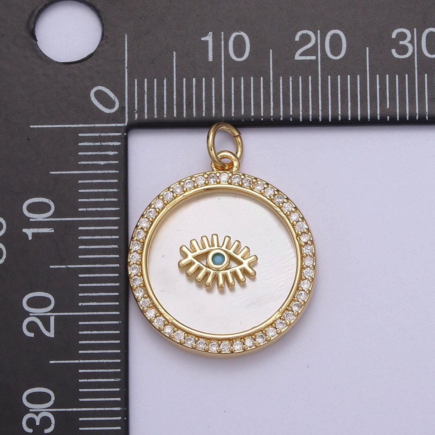 14k gold filled medallion charm mother of pearl, micro pave evil eye pendant for minimalist jewelry