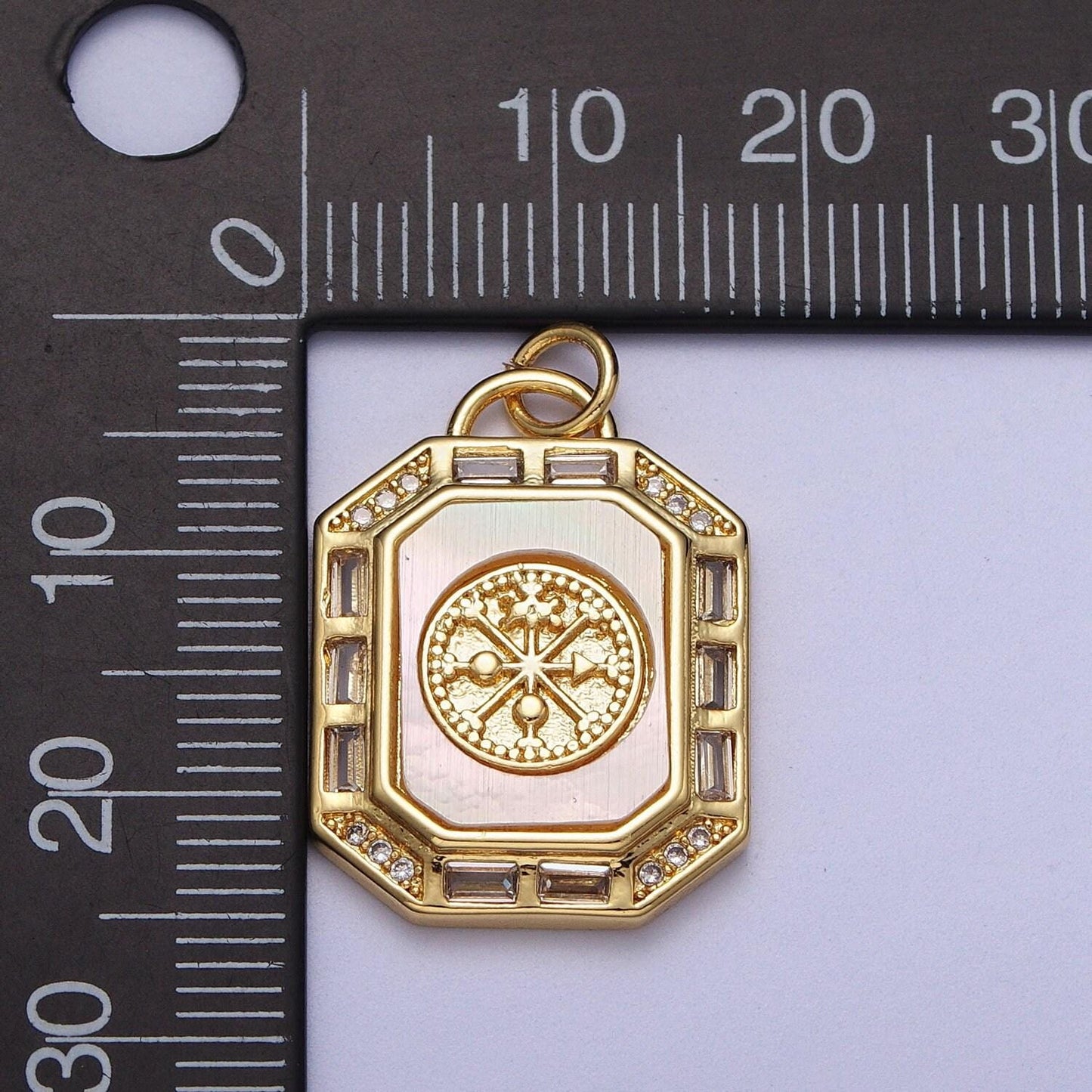 24k gold filled octagon pendant necklace, dainty tag, rectangular baguette cz charm shell pearl abalone supply gold compass adventure c209