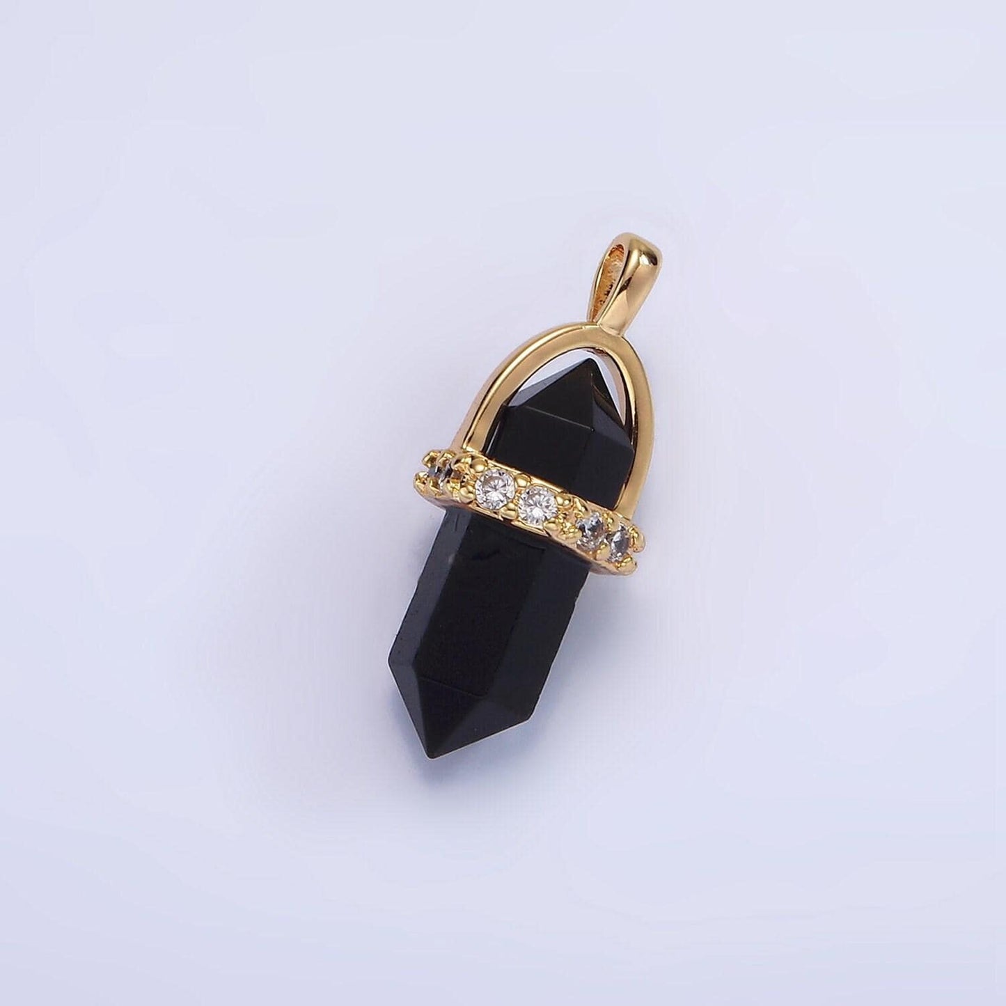 14k gold filled rose quartz, amethyst, labradorite, aquamarine, howlite, onyx pointed wand micro paved pendant | n994- n2004