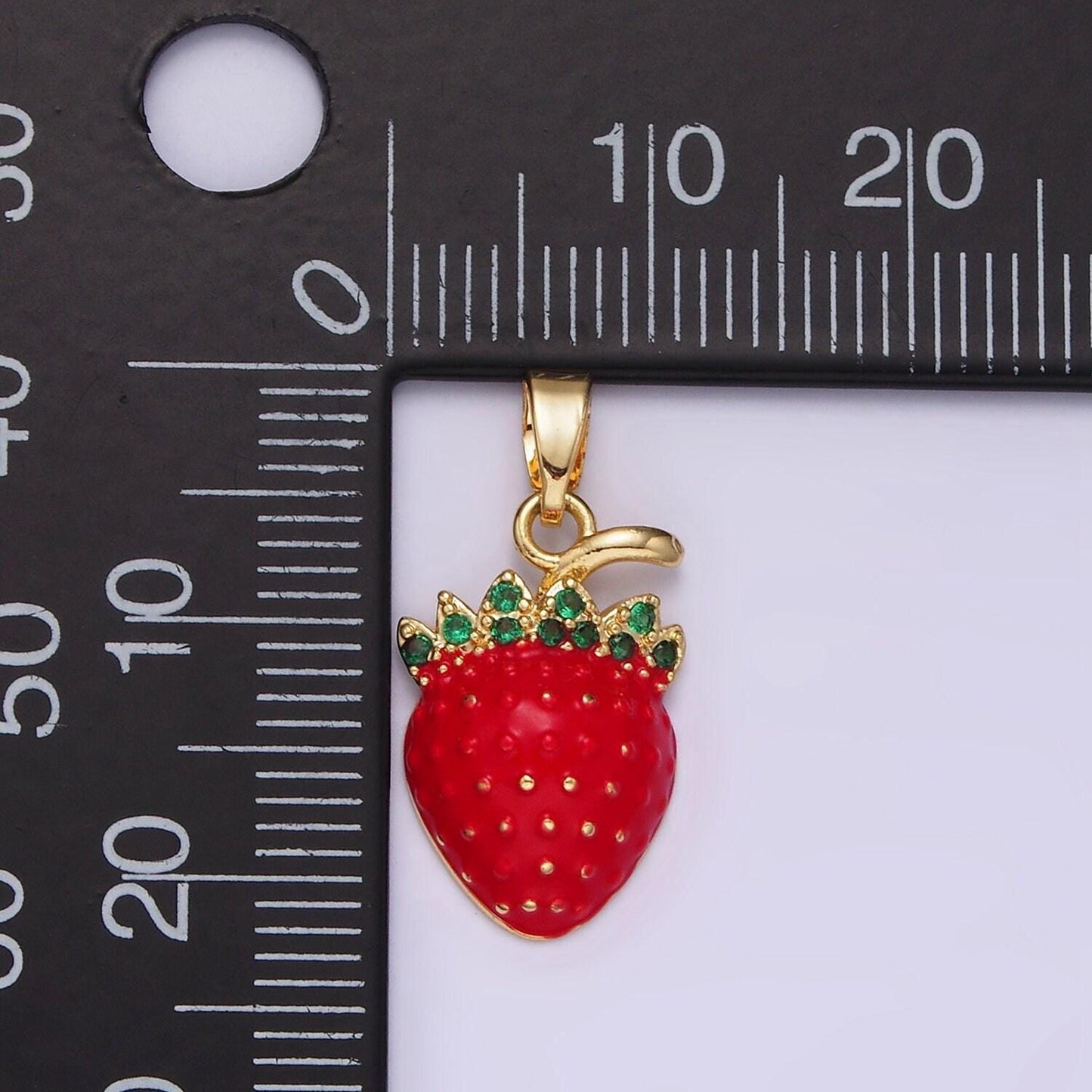 Dainty gold strawberry pendant, enamel fruit necklace charm cute fruit charm green cz stone food jewelry inspired for jewelry making n-1832