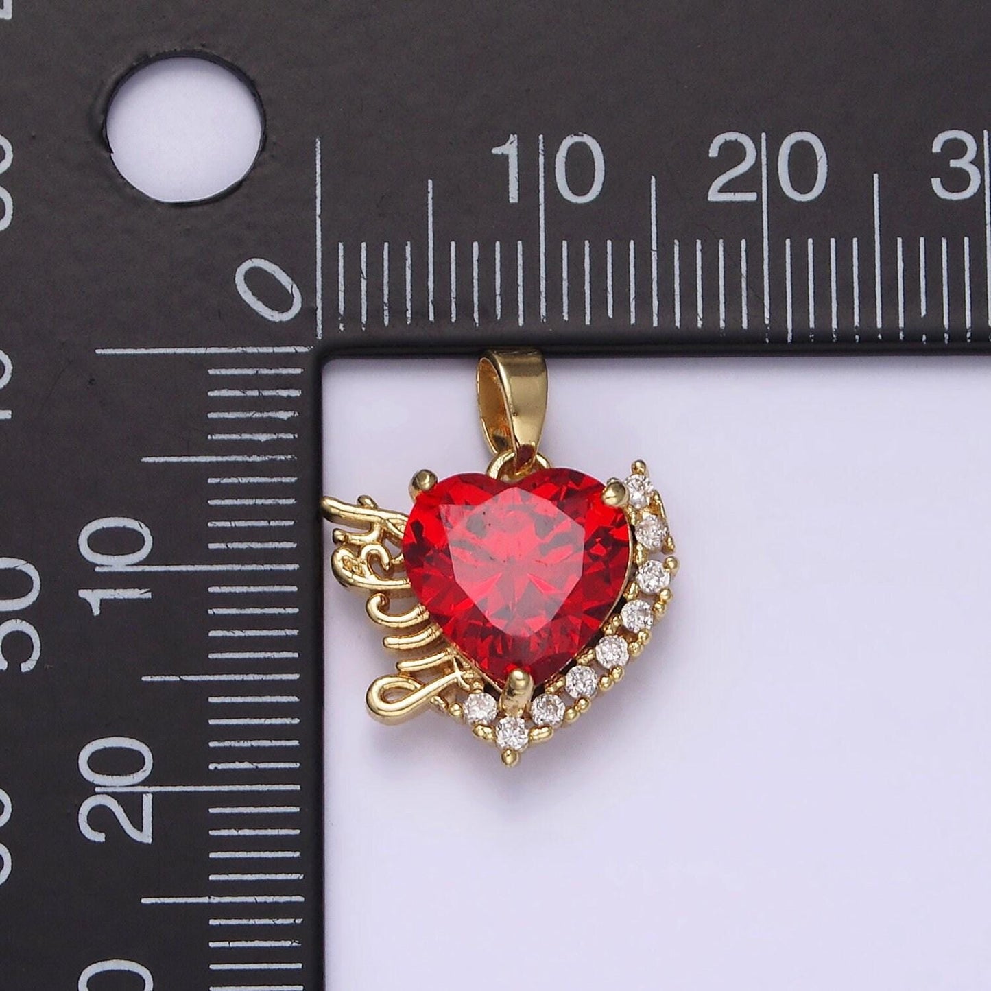14k gold filled red heart cz lucky word script micro paved cz outline pendant | n1826