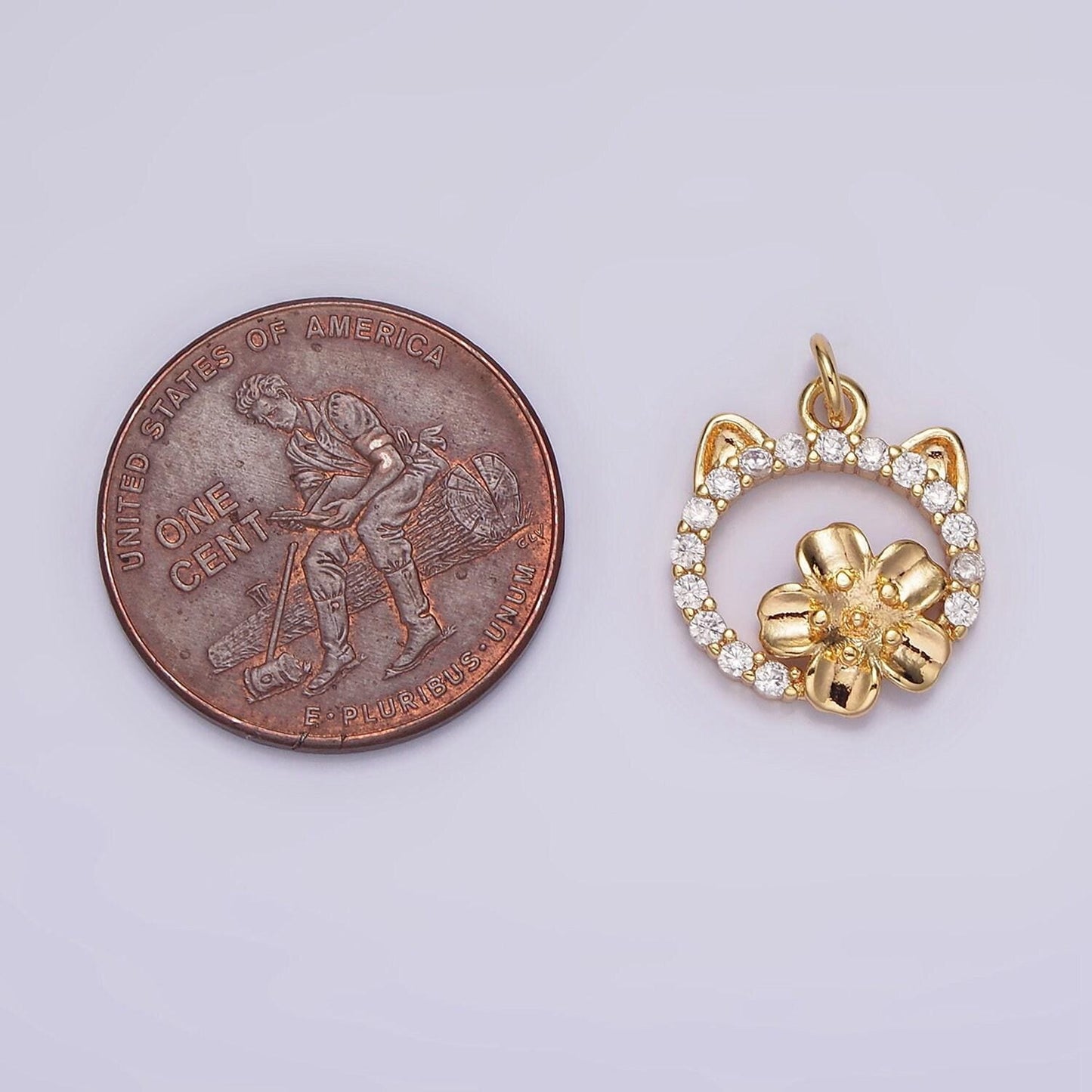 14k gold filled flower cat open micro paved cz round charm | n1767