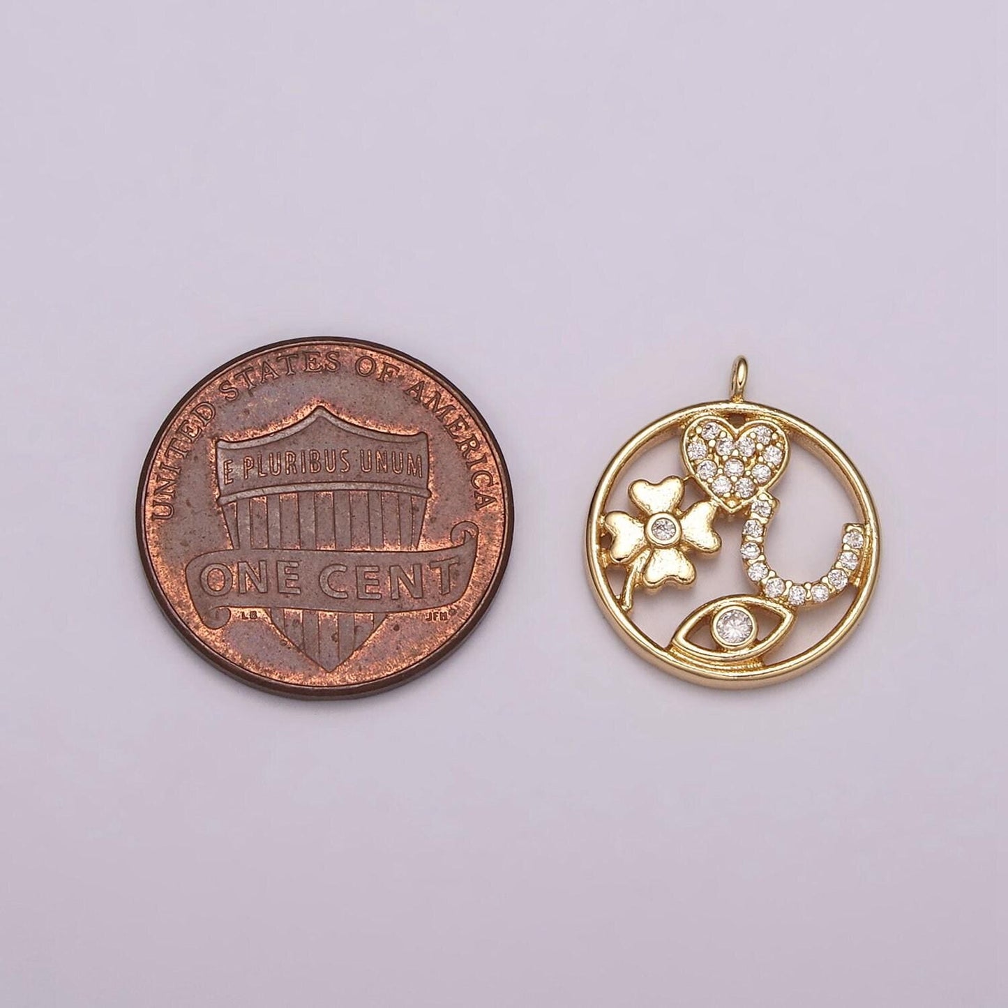 Dainty good luck medallion charm gold filled pendant for necklace bracelet component supply clover horseshoe heart evil eye cz