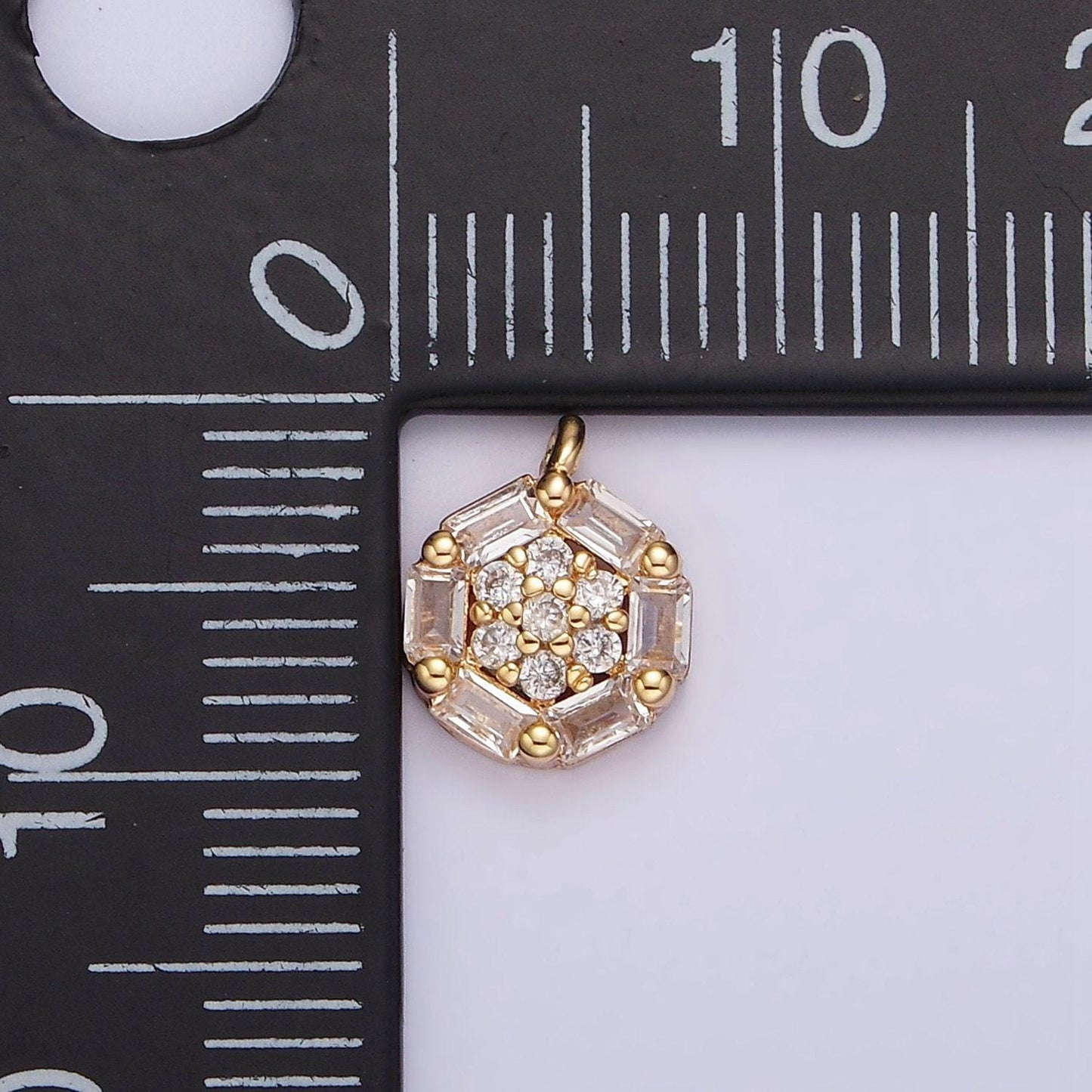 16k gold filled clear micro paved cz baguette lined round mini charm | n1750