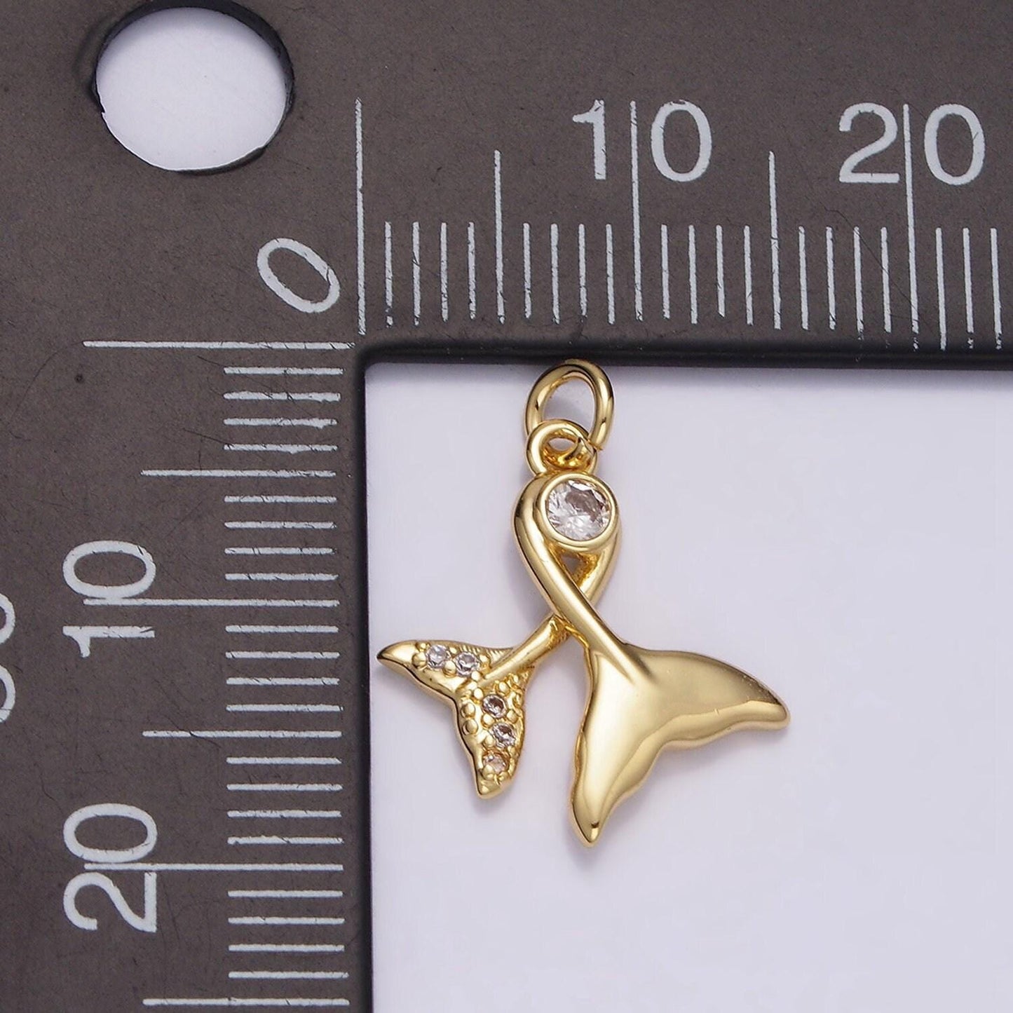 14k gold filled 18mm clear cz double mermaid ocean micro paved whale tail charm | n1488