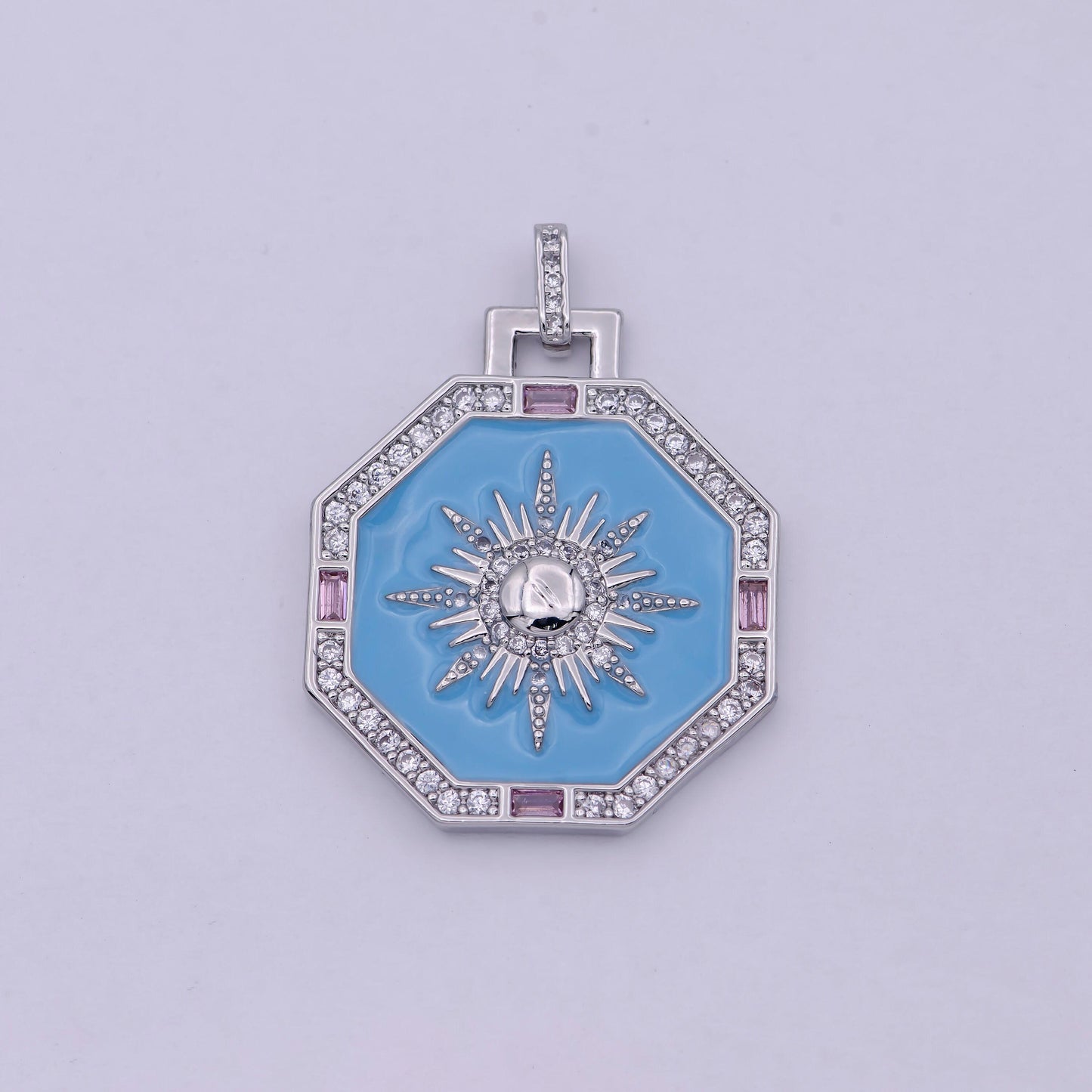 Blue enamel micro pave sun pendant sun ray dainty medallion charm for necklace findings for jewelry making, b-930