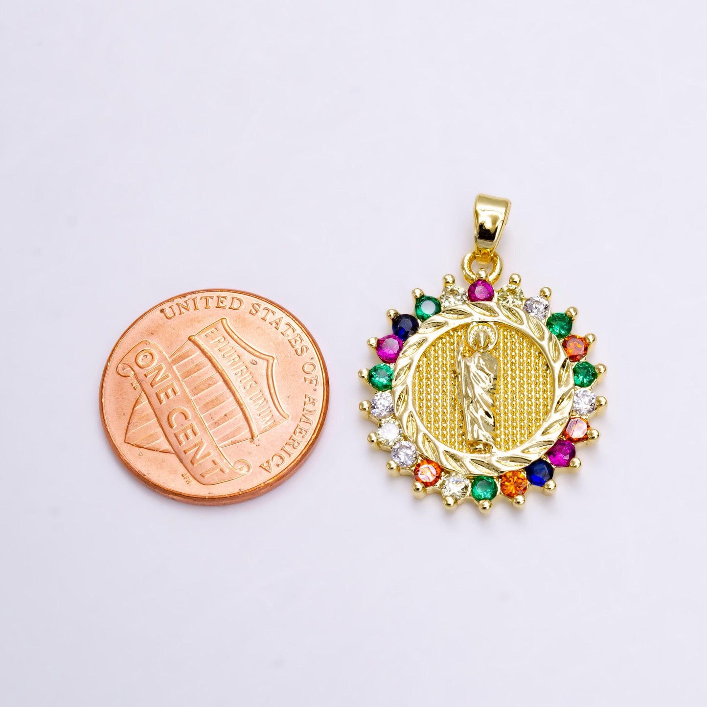 14k gold filled saint jude dotted dented multicolor cz round pendant | n1460