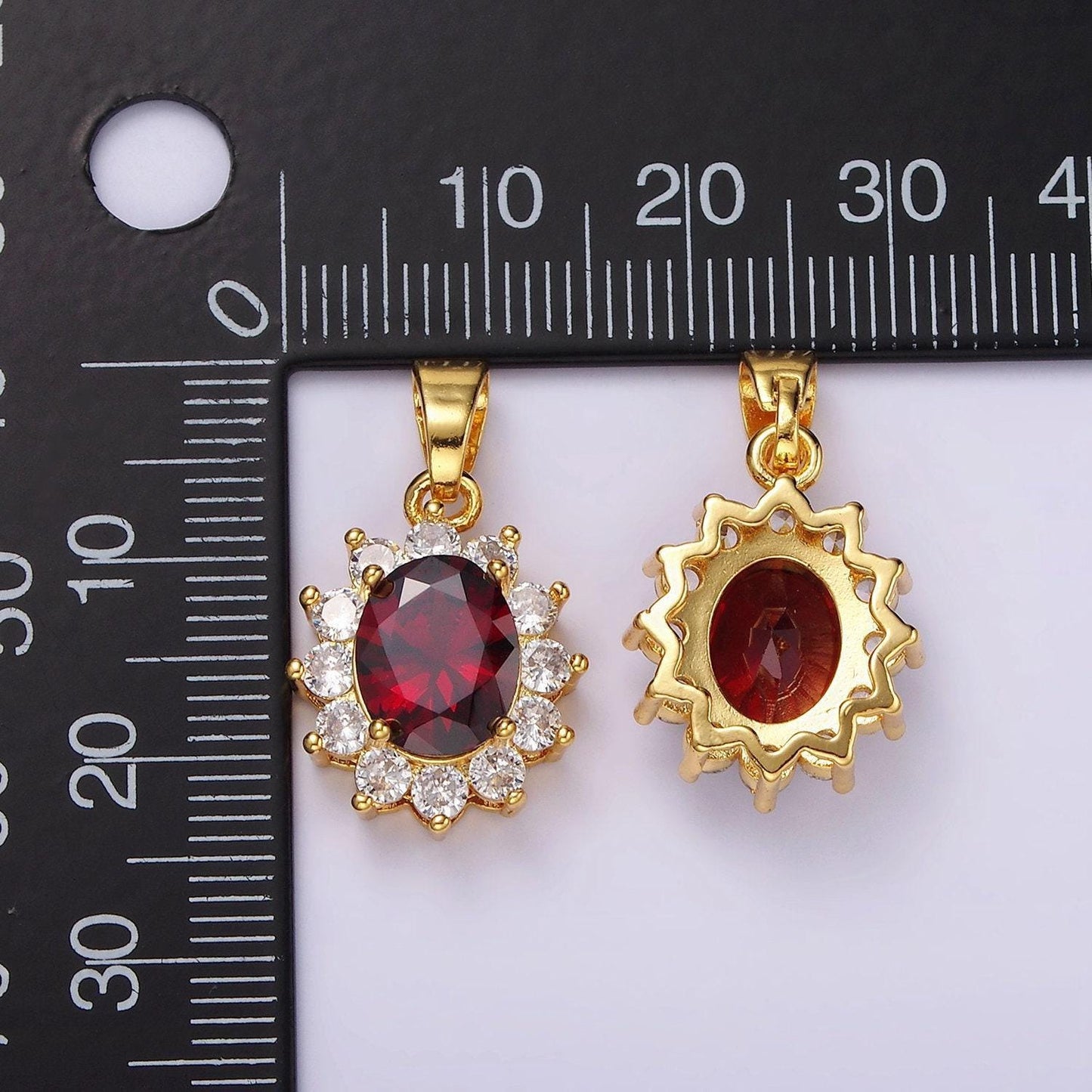 24k gold filled red cz flower celestial sun oval pendant | n1315