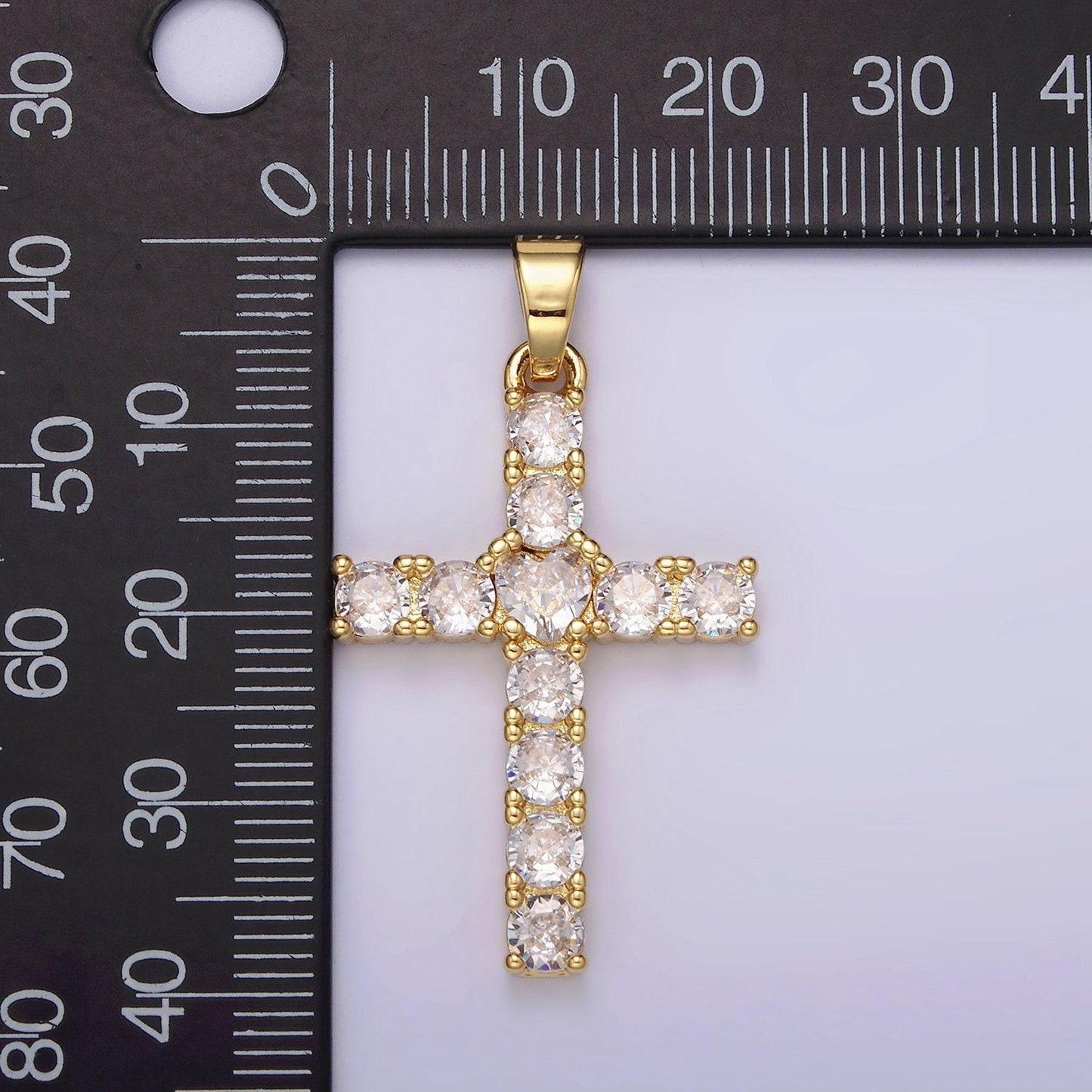 14k gold filled 40mm clear round cz lined religious cross pendant | n1287