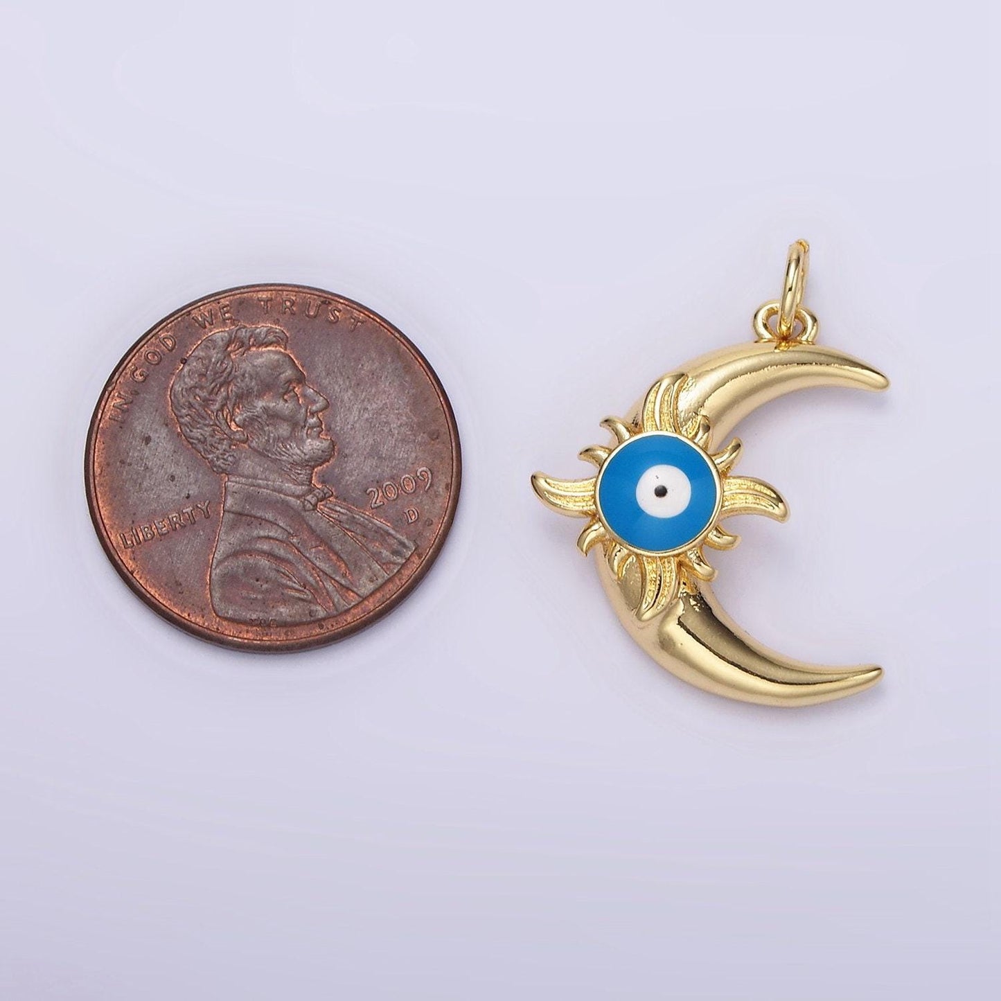 14k gold filled blue evil eye enamel celestial sun crescent moon charm in gold & silver | n1169 n1170