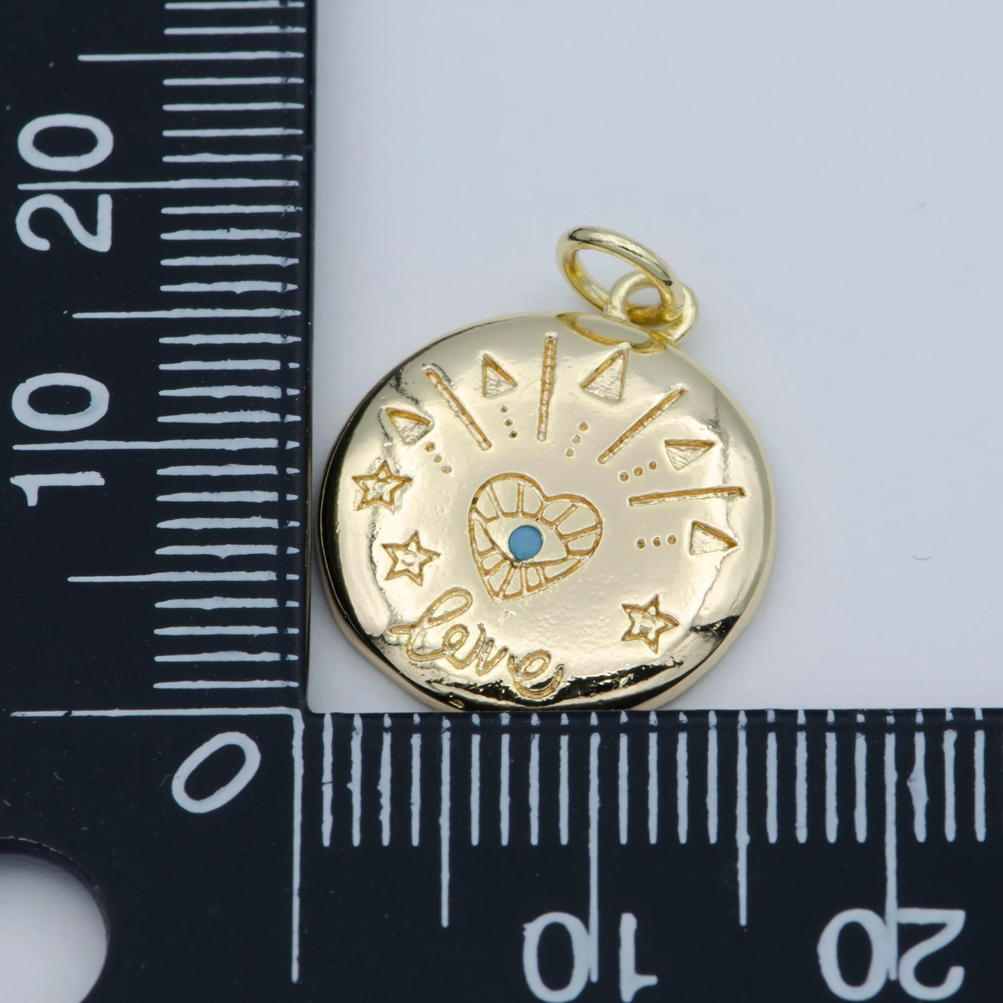 14k gold filled heart charm - love amulet medallion - coin disc charm - blue evil eye pendant for necklace bracelet earring charm