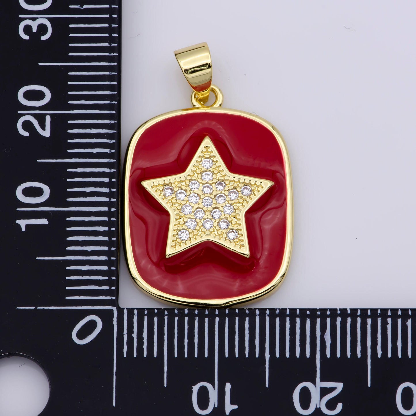24k gold filled enamel star charm military tag pendant, red white black celestial charm, enamel jewelry micro pave pendant
