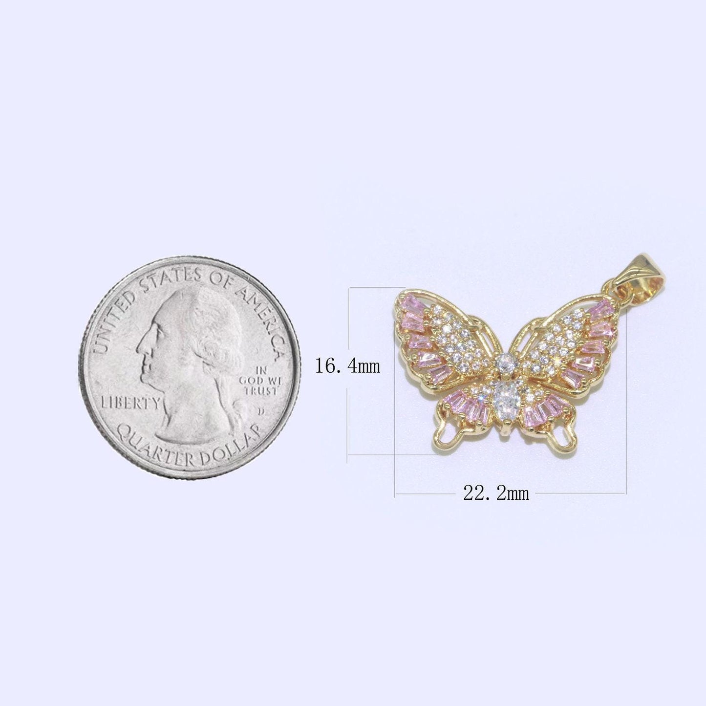 Pink 14k gold filled micro pave cz butterfly pendant charm dangle mariposa monarch animal pendant charm baguette for necklace