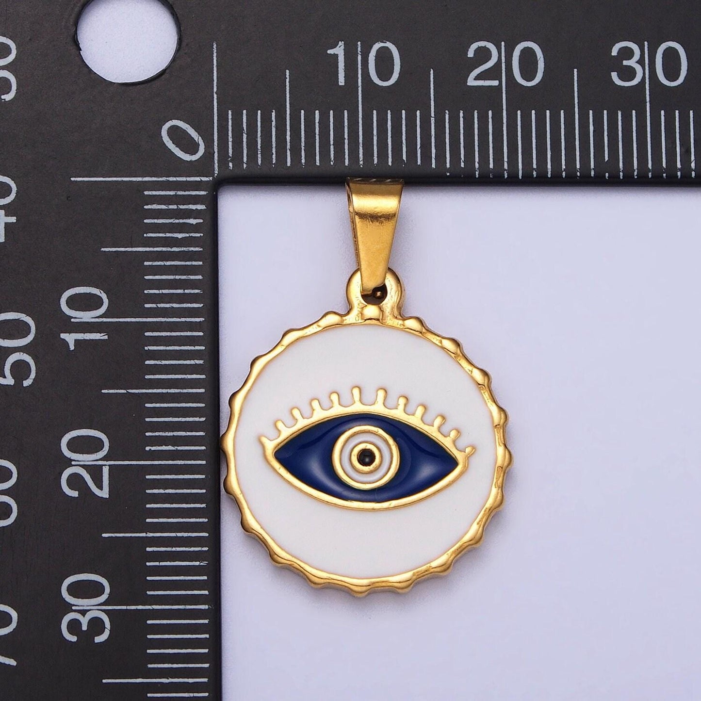 Stainless steel green, blue evil eye white enamel round textured pendant in gold & silver | j683 j686 j689 j698
