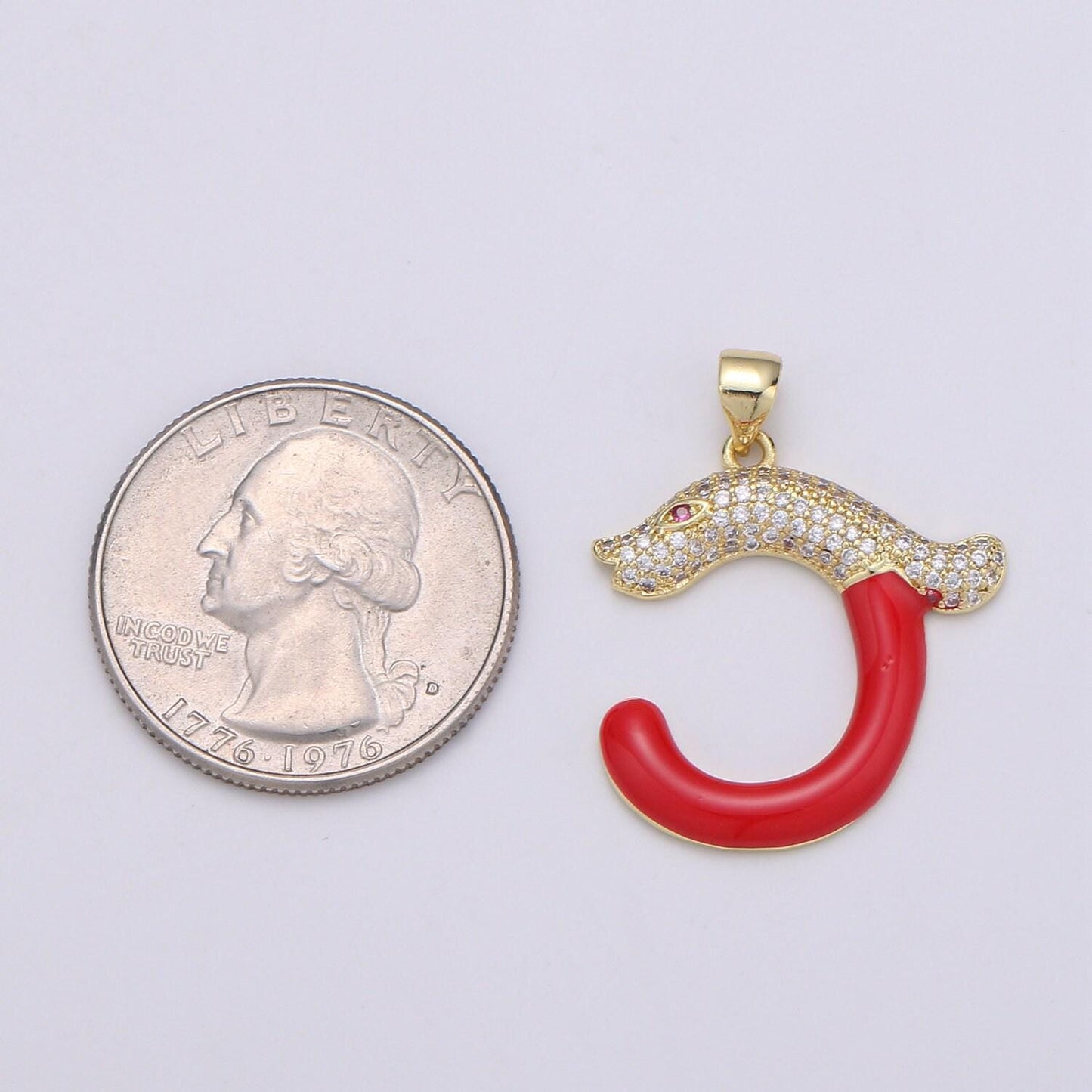 14k gold cubic red eye snake pendant, cz cluster pendant, lucky charm, red enamel hook cz pave pendant, 1925