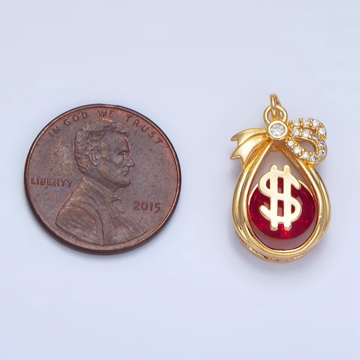 Red cz micro paved 24k gold filled open teardrop money bag charm | w-083