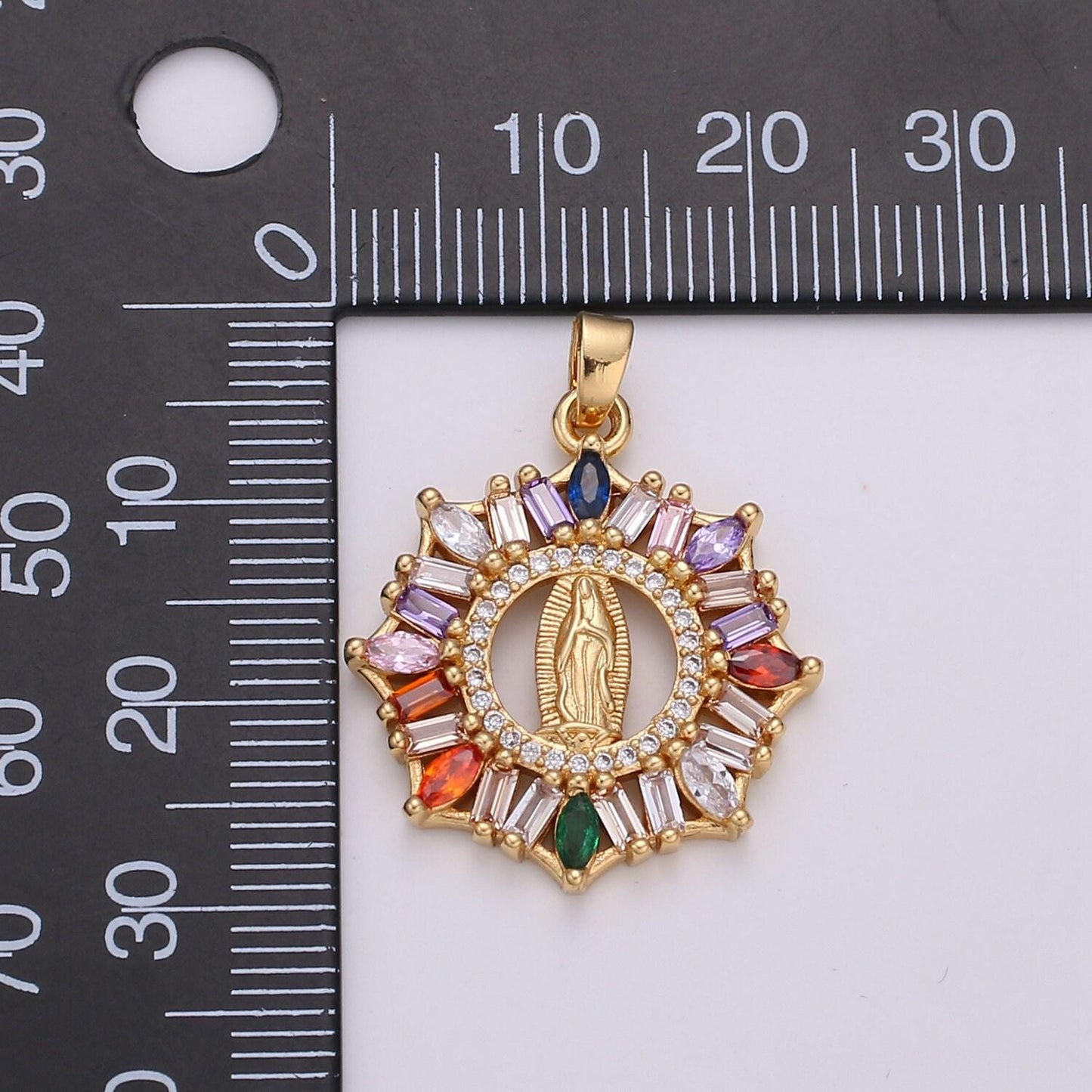 Rainbow cz virgin mary pendant, lady guadalupe baguette charm, mother of jesus medallion, rosary charm religious jewelry j-088 i-882