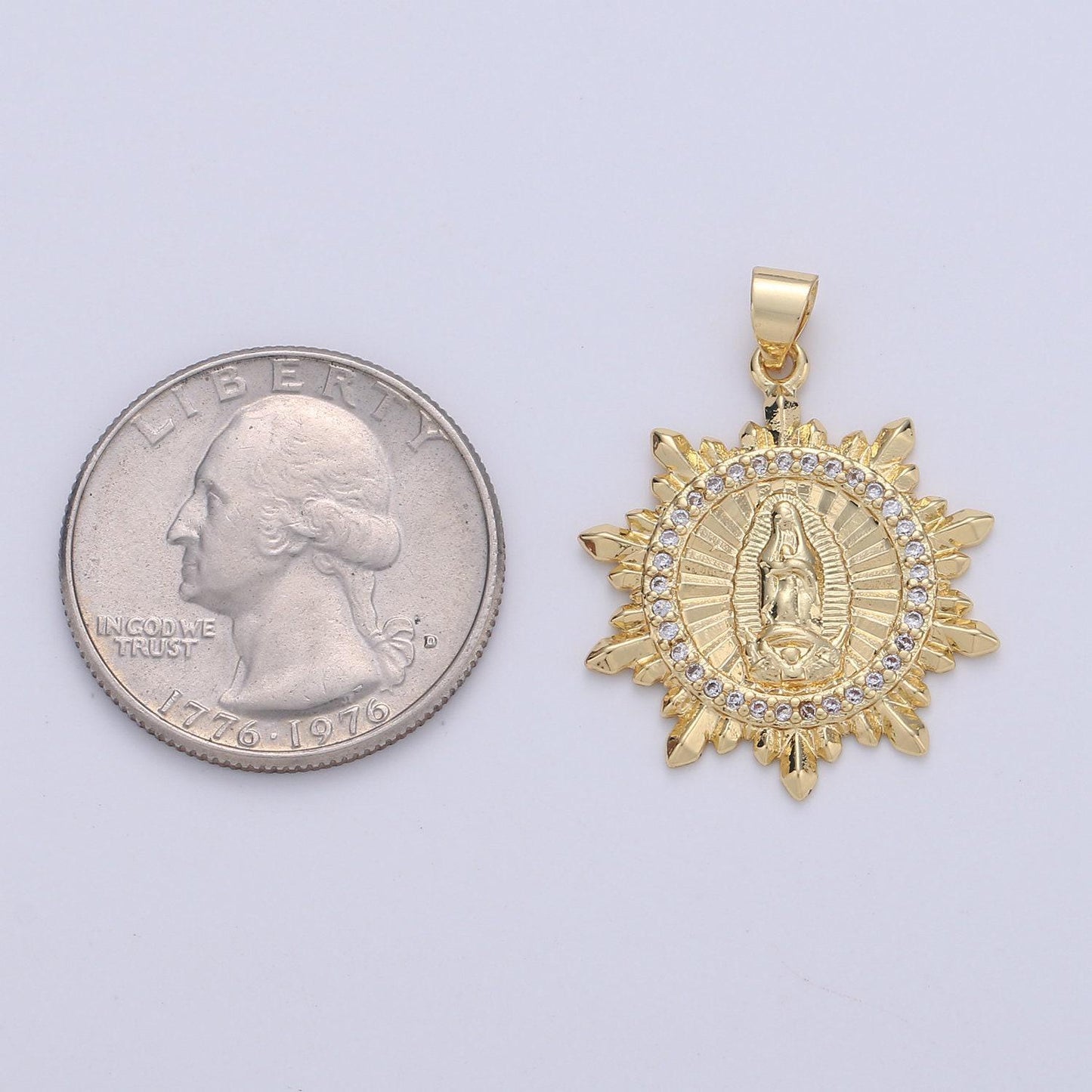 Virgin mary medallion scalloped edge, decorative edge, round coin pendant in 24k gold filled religious jewelry charm pendant for necklace